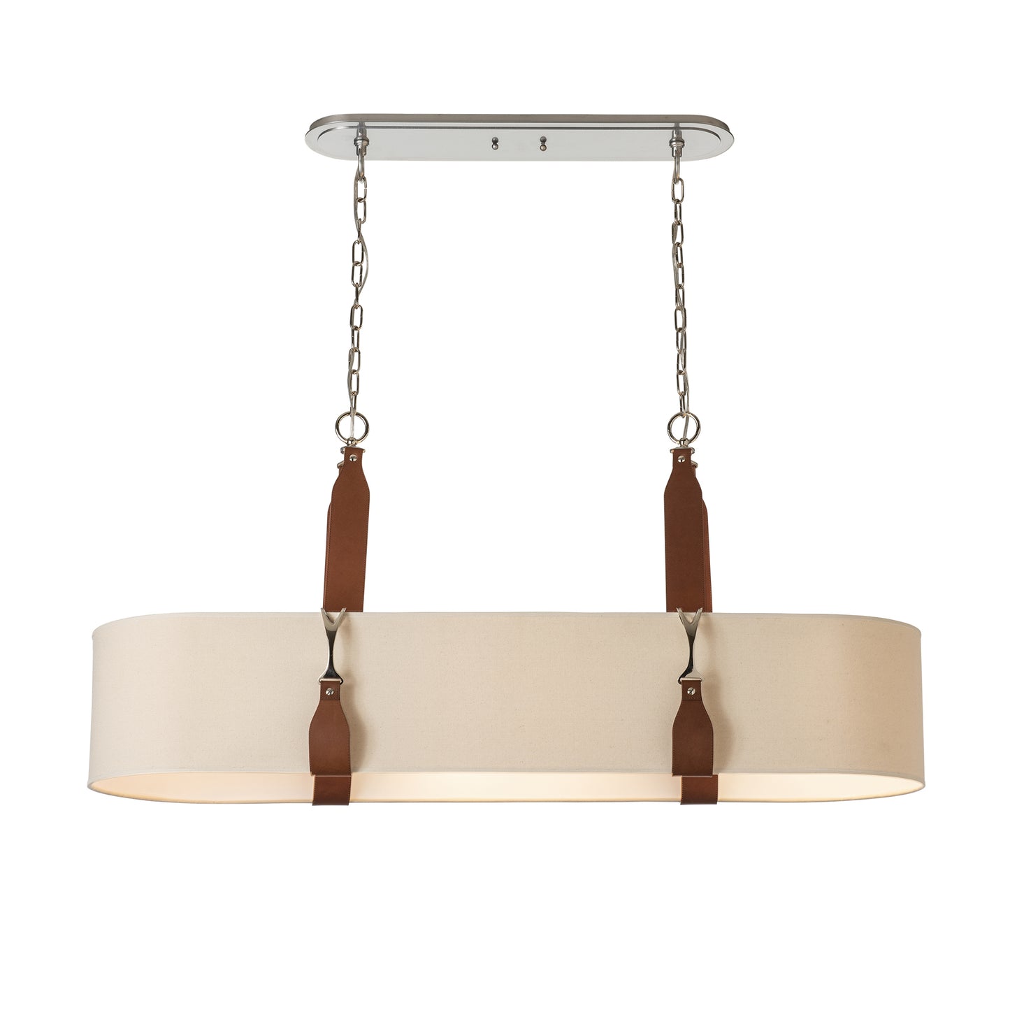 Saratoga Oval Pendant by Hubbardton Forge, featuring a modern oblong beige design with leather strap accents and sleek metal chain ceiling mount.