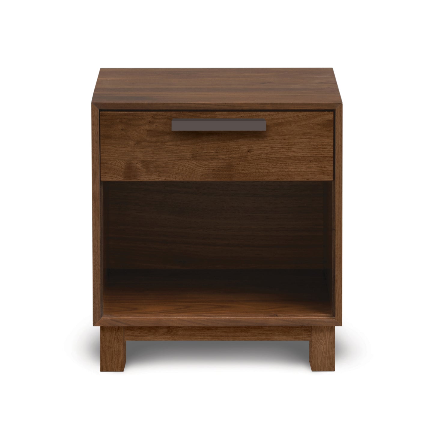 Savoy 1-Drawer Nightstand by Copeland Furniture features a sleek enclosed shelf, metal handle, and modern short legs in solid wood craftsmanship.