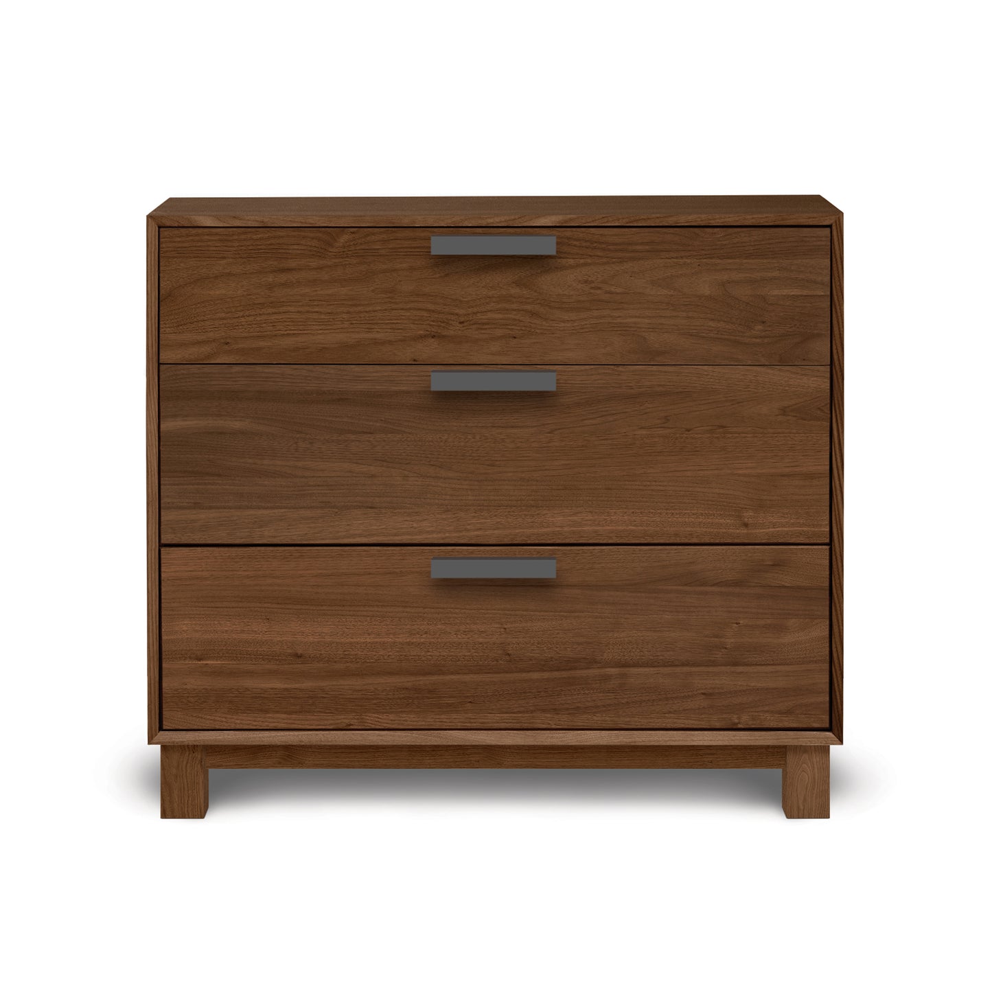 Copeland Furniture Savoy 3-Drawer Chest features modern American craftsmanship in solid wood with sleek metal handles, showcasing its elegant design.