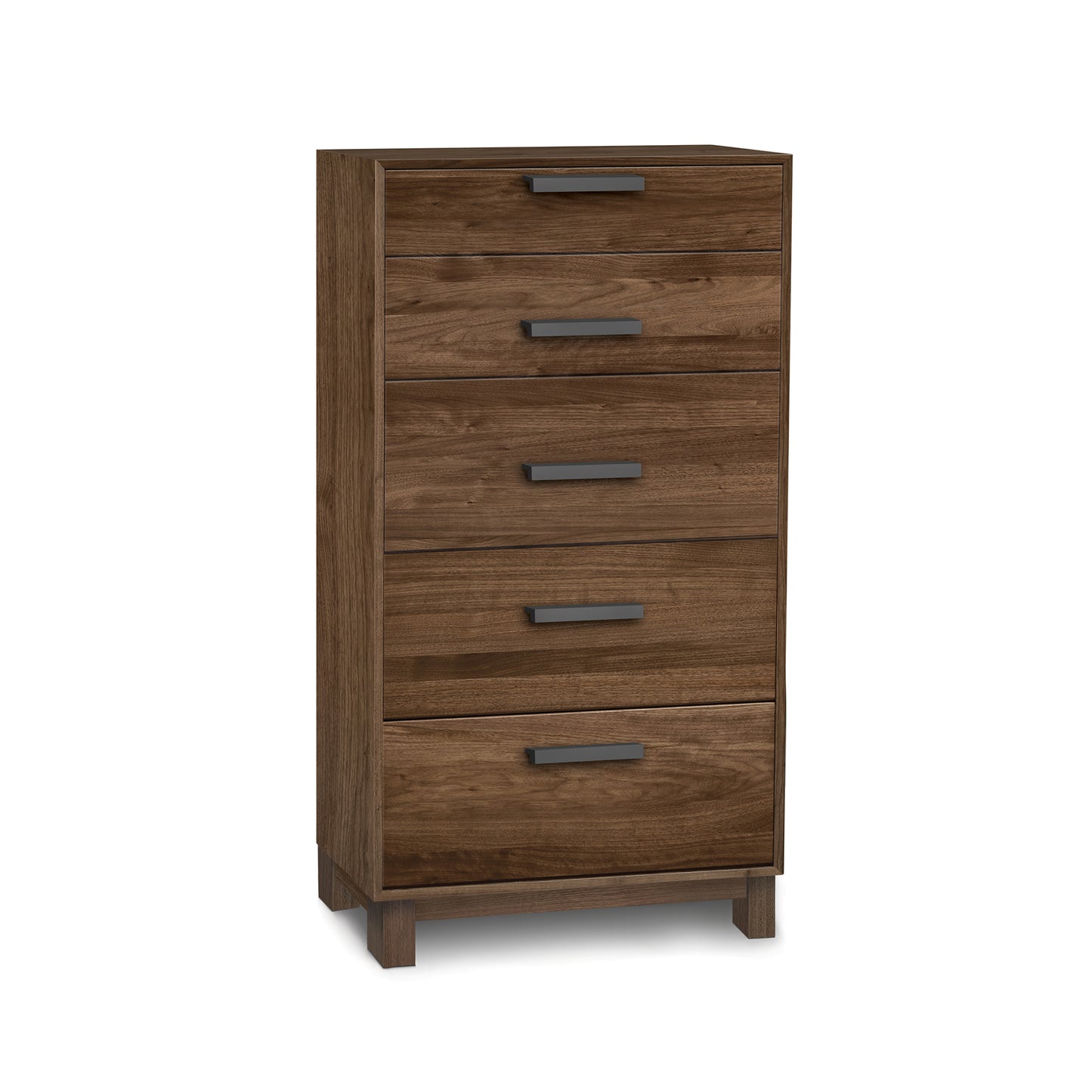 Savoy 5-Drawer Narrow Chest by Copeland Furniture in solid wood with dark metal handles, emphasizing tall, modern American-made craftsmanship.