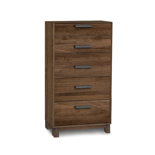 Savoy 5-Drawer Narrow Chest by Copeland Furniture in solid wood with dark metal handles, emphasizing tall, modern American-made craftsmanship.