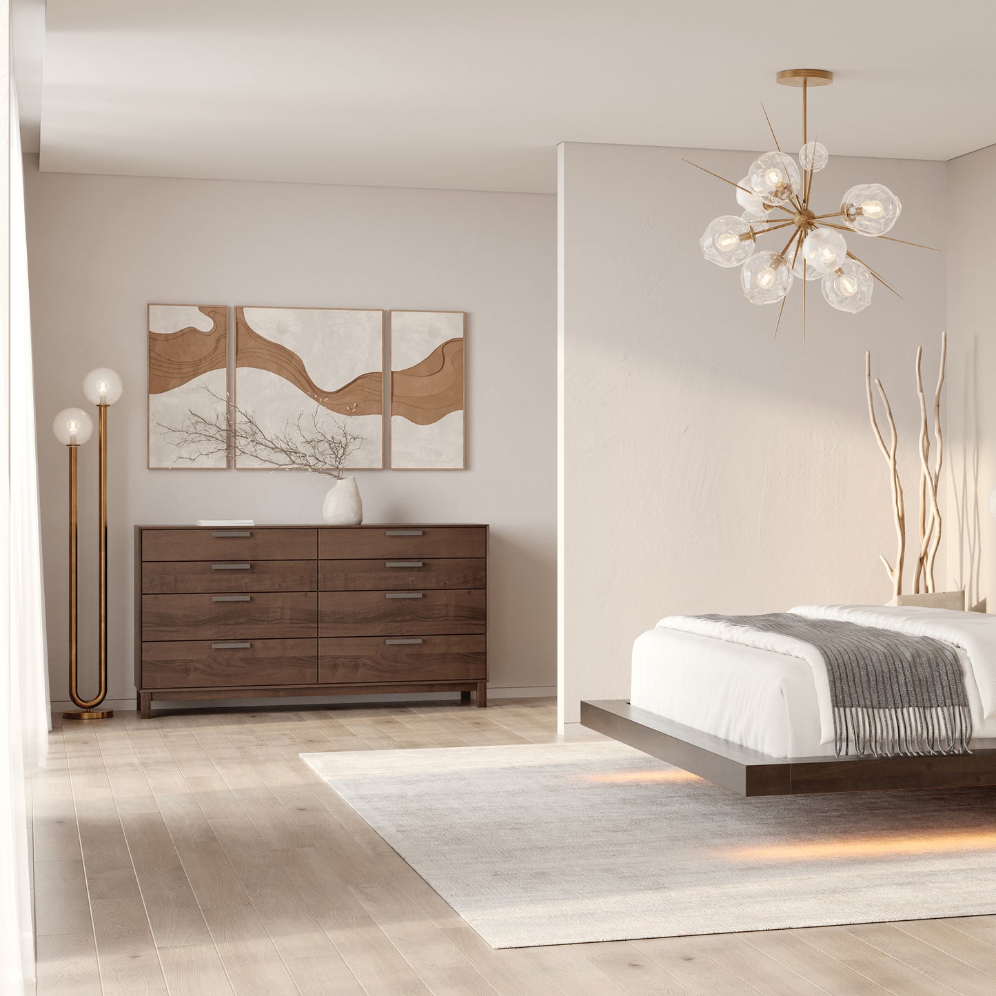Copeland Furniture Savoy 8-Drawer Dresser and floating bed are featured in this minimalist bedroom with subtle abstract art and neutral accents.