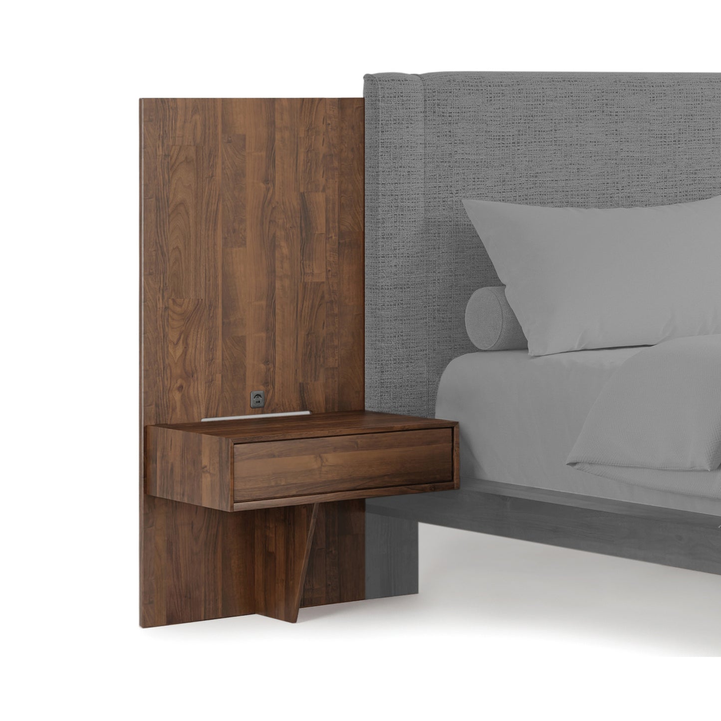 The Savoy Attached Nightstand by Copeland Furniture features an American walnut drawer with a tall wood panel, showcasing premium craftsmanship.