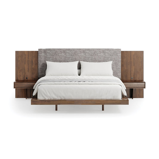 Copeland Furniture American walnut bed with gray upholstered headboard and integrated Savoy nightstands crafted in the USA.