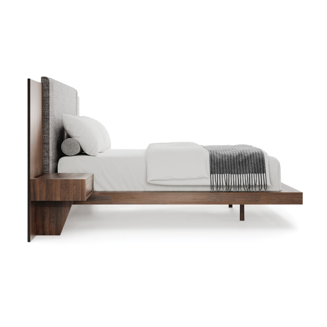 Modern walnut bed with gray upholstered headboard and white bedding, featuring an attached Copeland Furniture Savoy Nightstand.