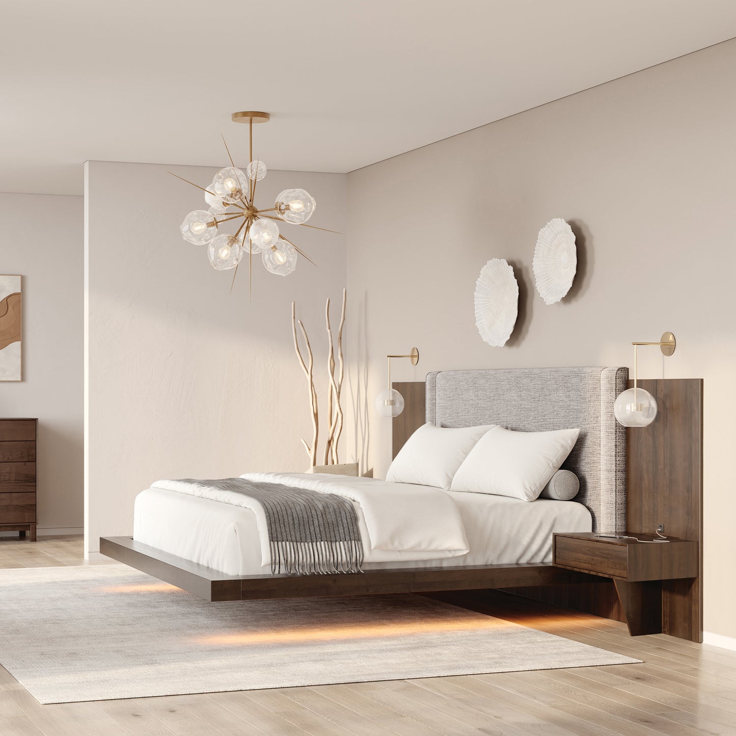 Savoy Floating Bed by Copeland Furniture with gray headboard and white bedding, showcasing fine American craftsmanship in a modern bedroom.