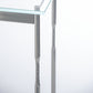 A Senza Console Table by Hubbardton Forge with a tempered glass top and metal legs.