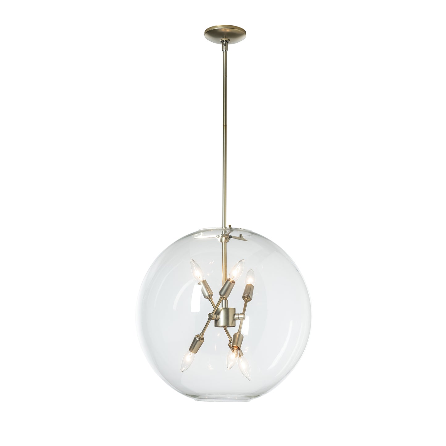 Sfera 6-Light Pendant by Hubbardton Forge, showcasing clear glass orb with angled bulbs and brass-finished metal rod.