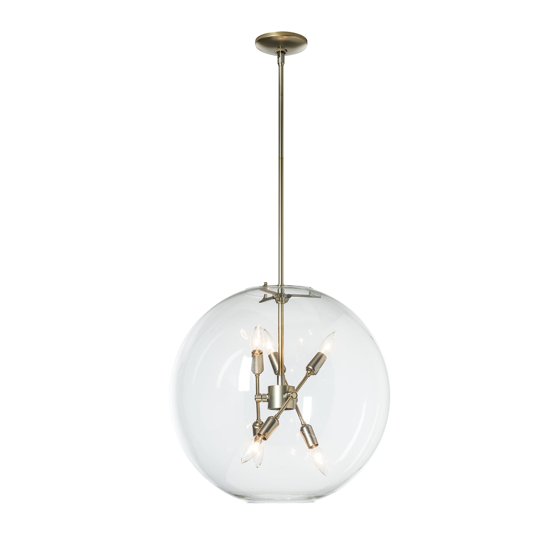 Hubbardton Forge Sfera 6-Light Pendant with sleek metal fixtures, clear glass orbs, and exposed bulbs on a slender rod.