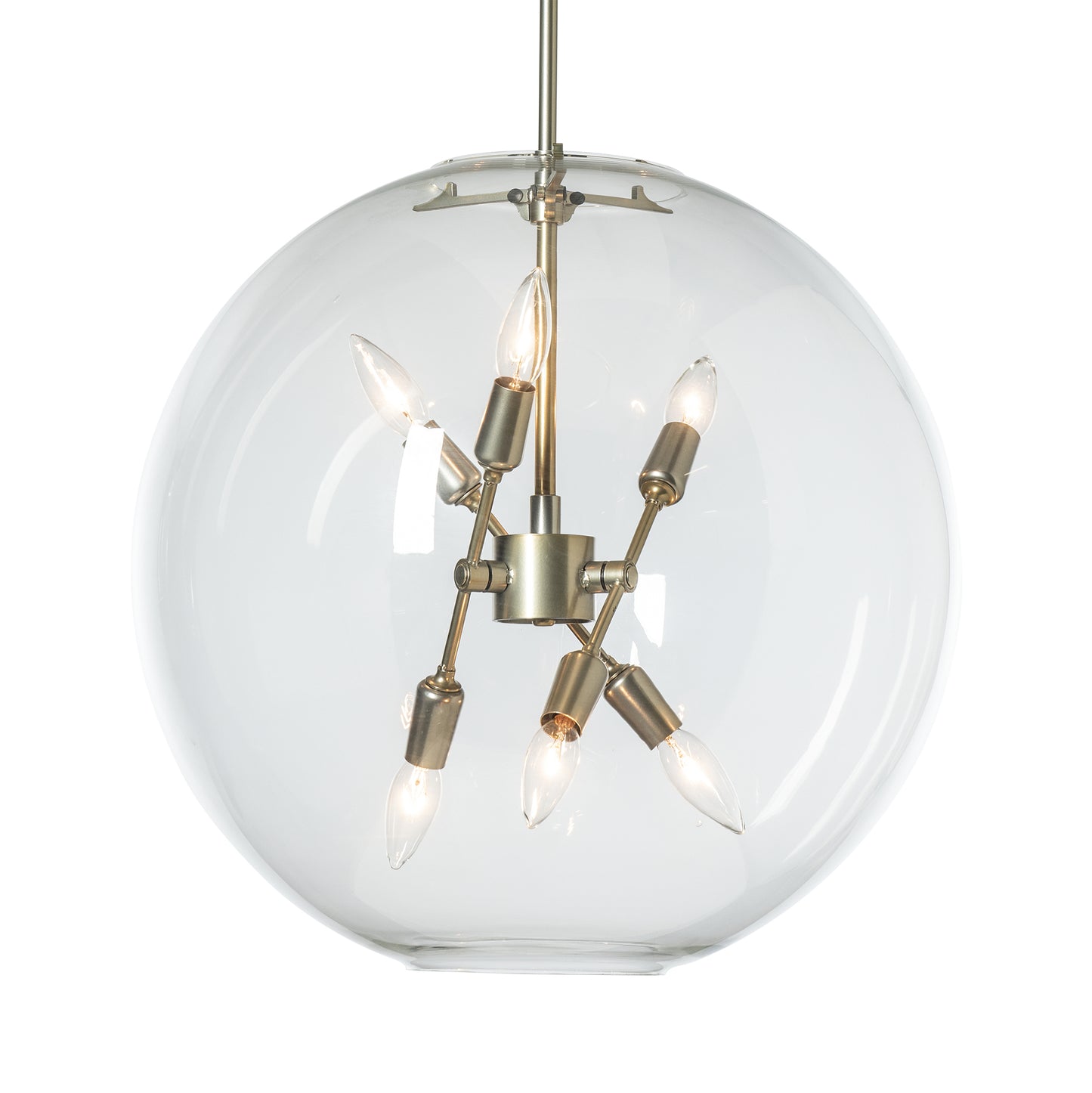 Hubbardton Forge Sfera 6-Light Pendant with clear glass orb, multi-bulb design, and modern brass-finished rod.