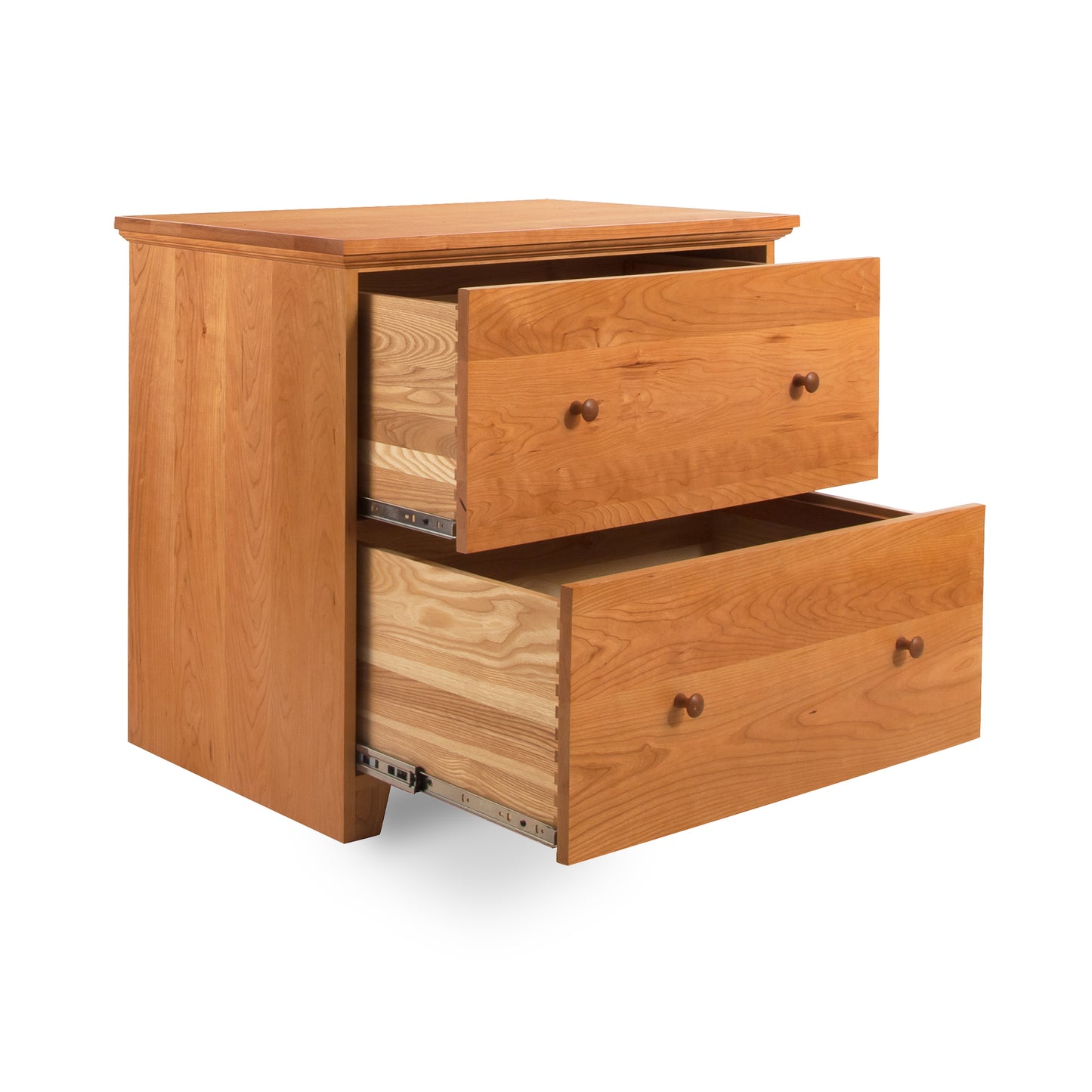 Lyndon Furniture Shaker 2-Drawer Lateral File Cabinet with both drawers open, showcasing its spacious storage and classic shaker design.