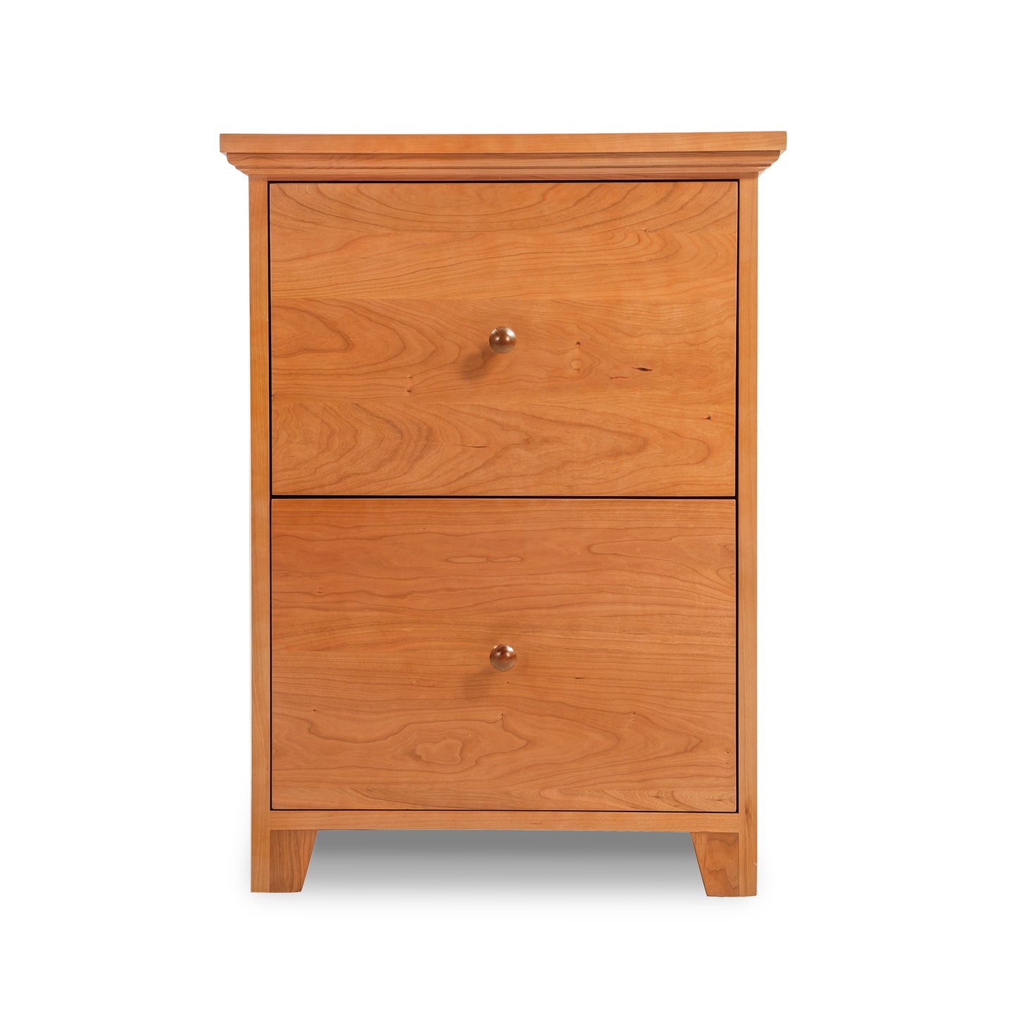 Lyndon Furniture Shaker 2-Drawer Vertical File Cabinet in cherry wood with silver knobs and four sturdy legs, crafted in classic Shaker style.