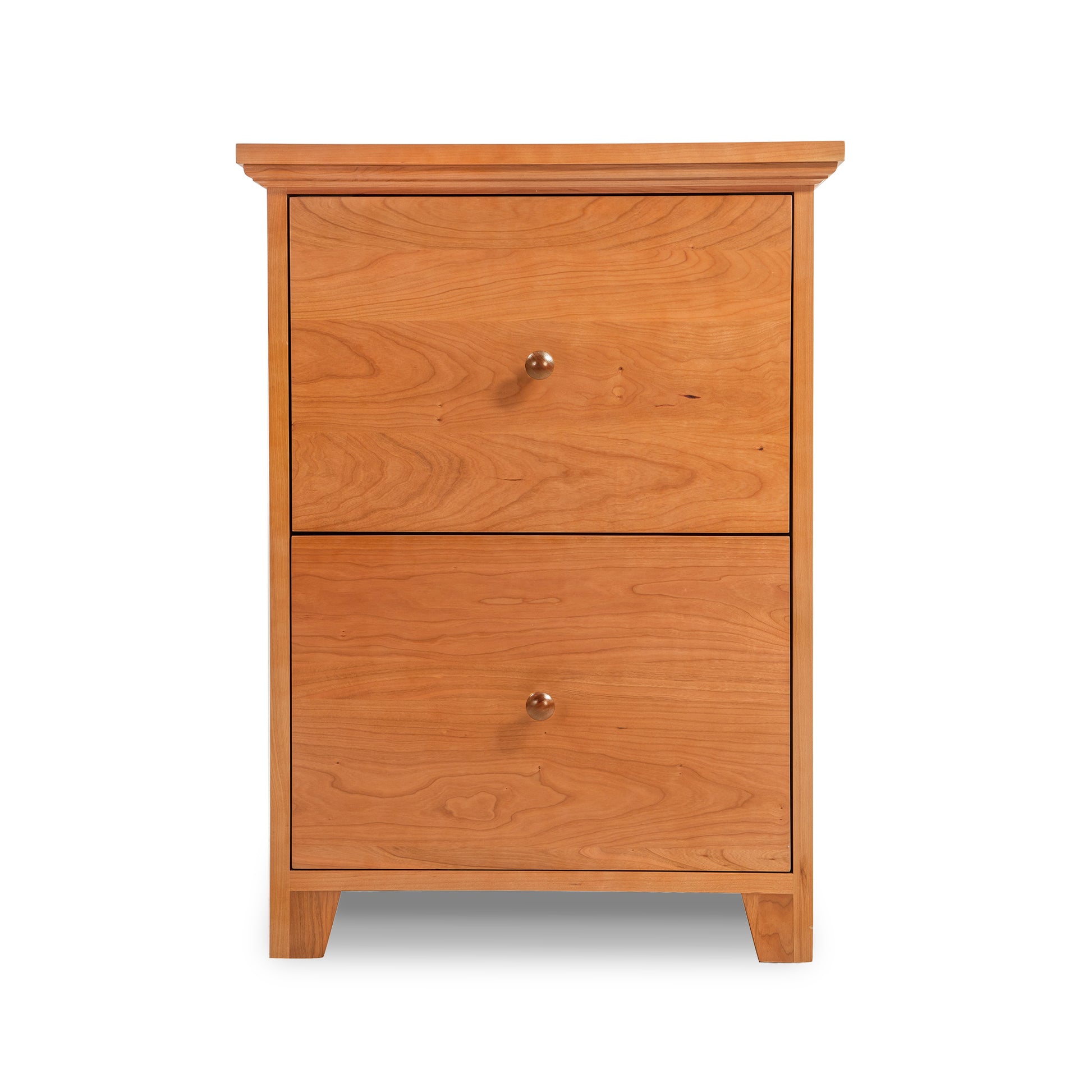 Lyndon Furniture Shaker 2-Drawer Vertical File Cabinet in cherry wood with silver knobs and four sturdy legs, crafted in classic Shaker style.