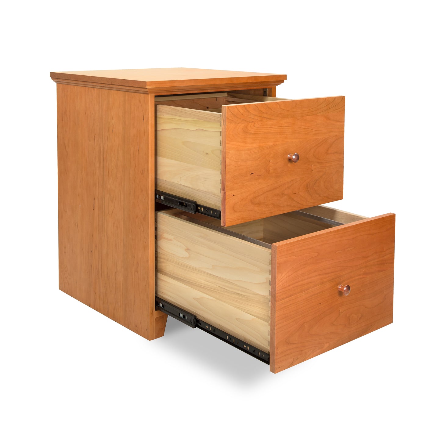 Lyndon Furniture Shaker 2-Drawer Vertical File Cabinet in cherry wood with both drawers open, highlighting its quality craftsmanship and elegant design.