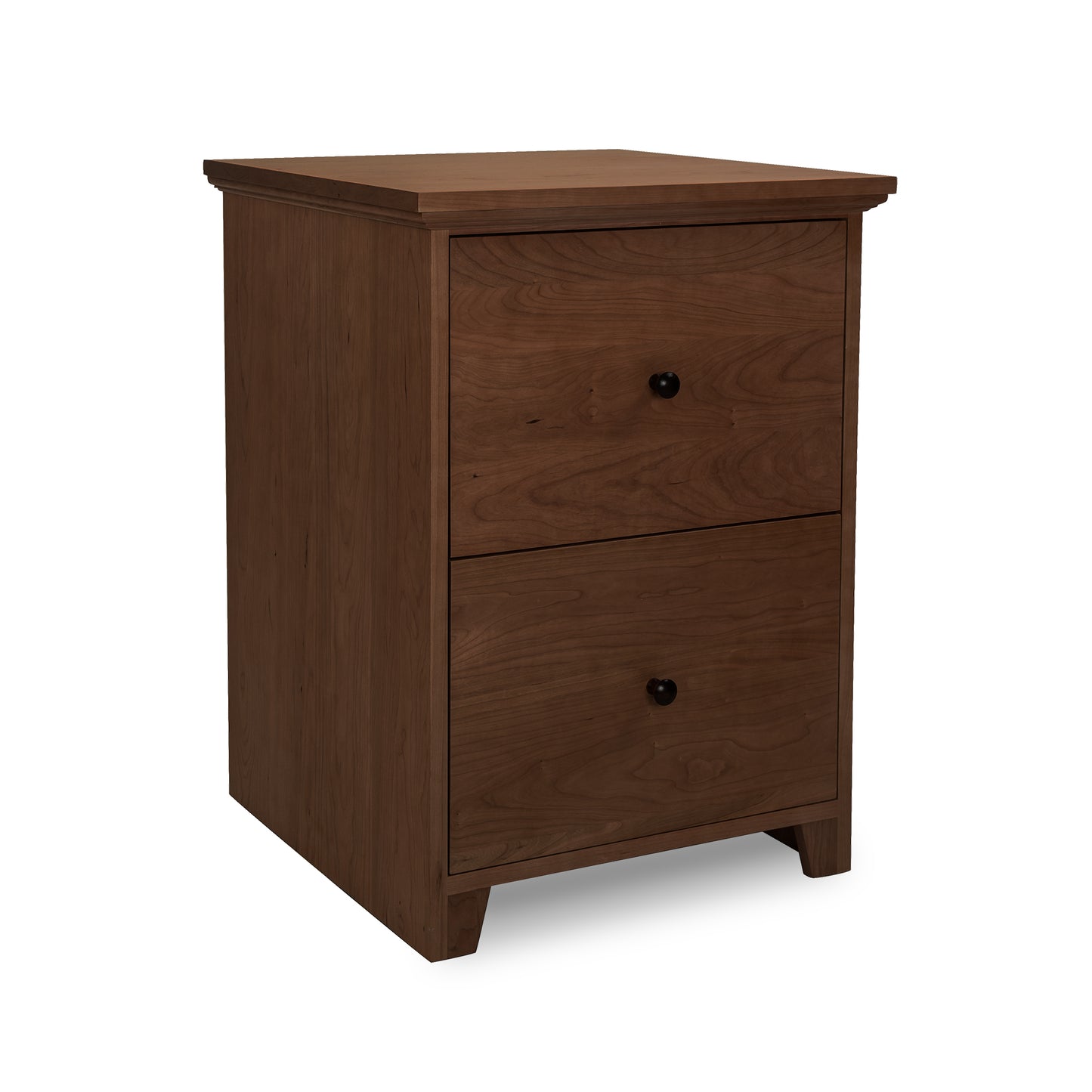 Lyndon Furniture Shaker 2-Drawer Vertical File Cabinet in cherry with black knobs, emphasizing its craftsmanship and wood grain.