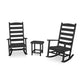 Two black POLYWOOD® Shaker 3-Piece Porch Rocking Chairs and a matching side table on a white background. The chairs have a traditional design with vertical slats, and the table is square with a flat top.