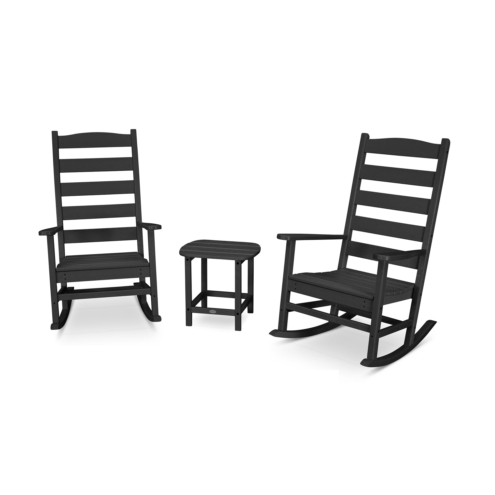 Two black POLYWOOD® Shaker 3-Piece Porch Rocking Chair Sets and a matching small stool set on a plain white background.