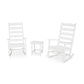Two POLYWOOD Shaker 3-Piece Porch Rocking Chairs and a small round side table, isolated on a white background, arranged to suggest a conversational setting.