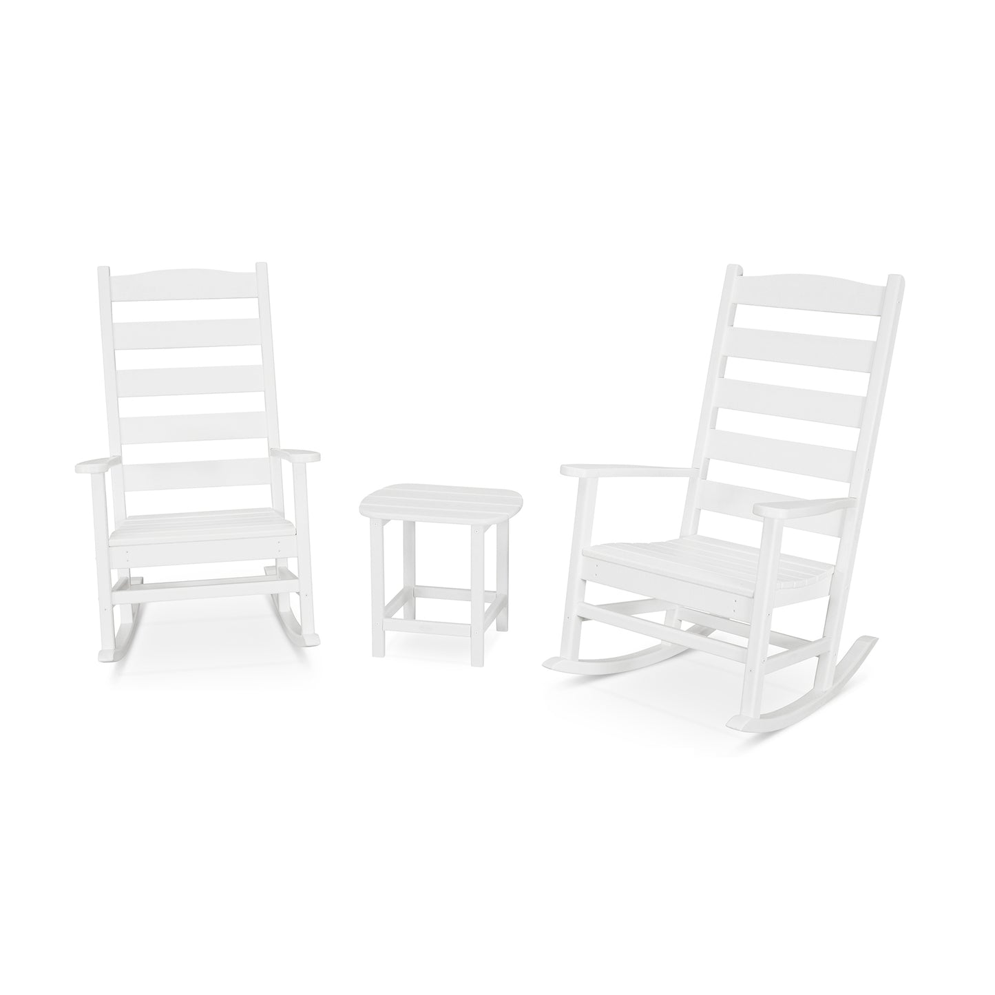 Two POLYWOOD Shaker 3-Piece Porch Rocking Chairs and a small round side table, isolated on a white background, arranged to suggest a conversational setting.