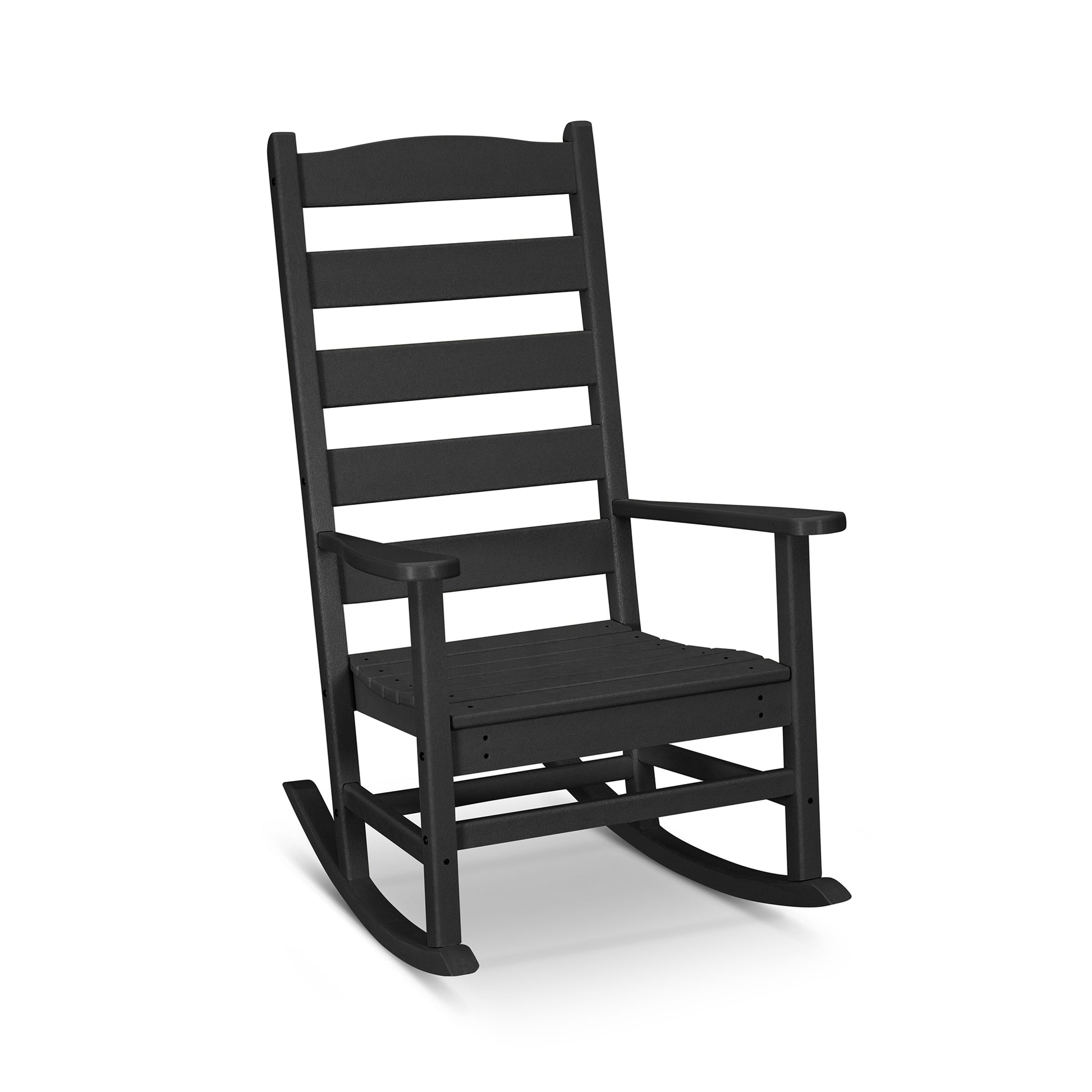 A black, traditional-style POLYWOOD Shaker Porch Rocking Chair with horizontal slats on the backrest and a solid seat, set against a plain white background.