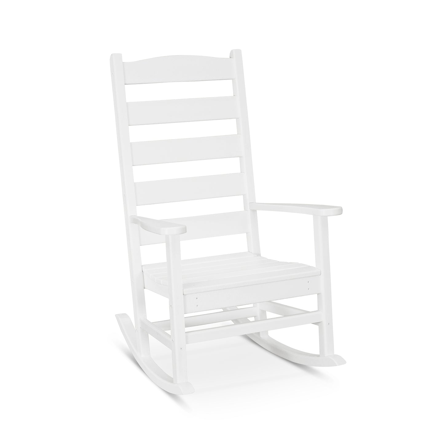 A white POLYWOOD Shaker Porch Rocking Chair isolated on a plain white background, featuring a high back with horizontal slats and armrests.