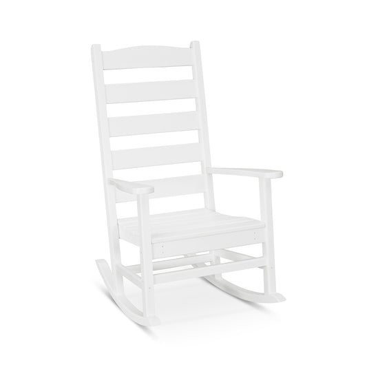 POLYWOOD Shaker Porch Rocking Chair, white wooden rocker with slatted backrest and sturdy armrests, weather-resistant.