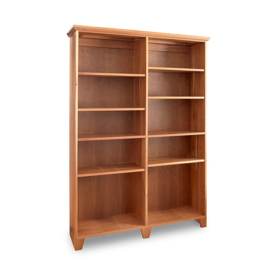 Shaker Wide Bookcase by Lyndon Furniture, crafted from solid hardwood with adjustable dual-column shelves, showcasing American craftsmanship.