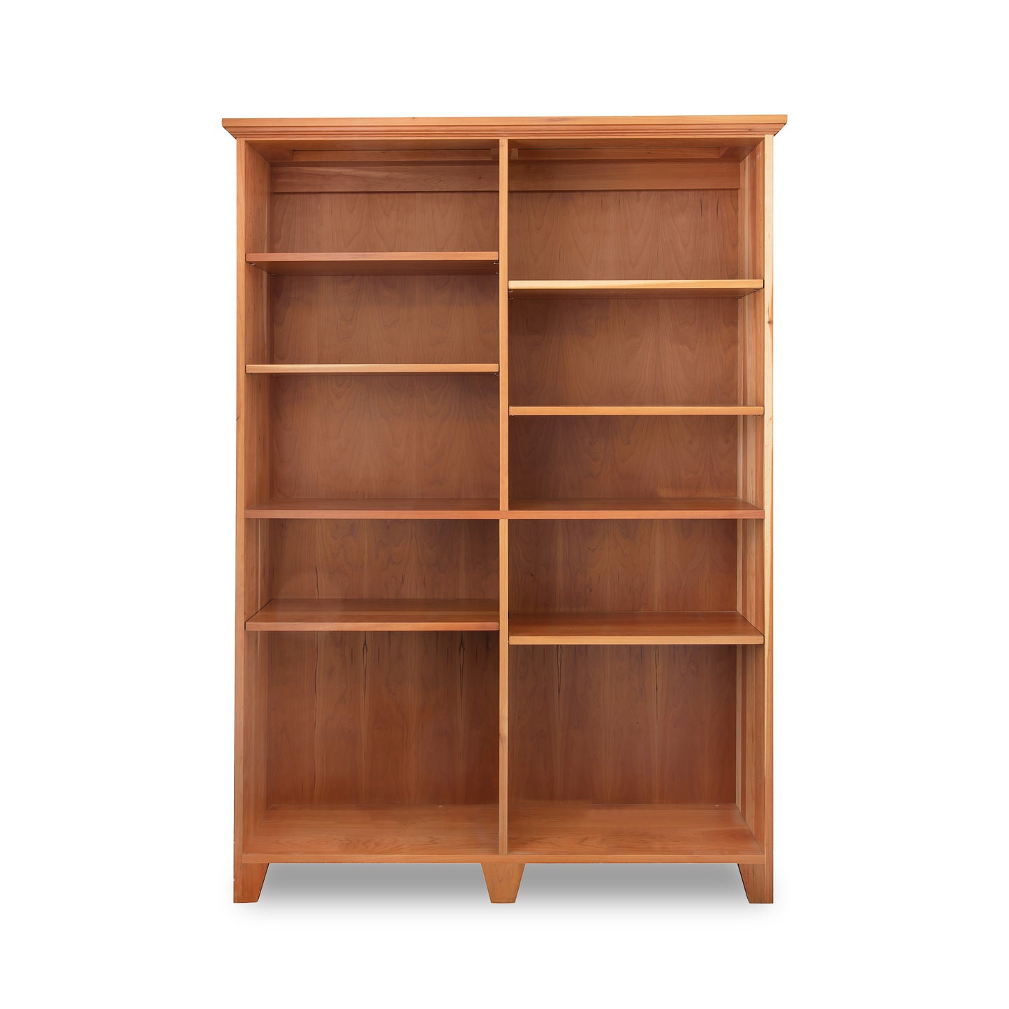 Handcrafted Lyndon Furniture Shaker Wide Bookcase made of solid hardwood, featuring a light brown finish with nine symmetrical shelves.