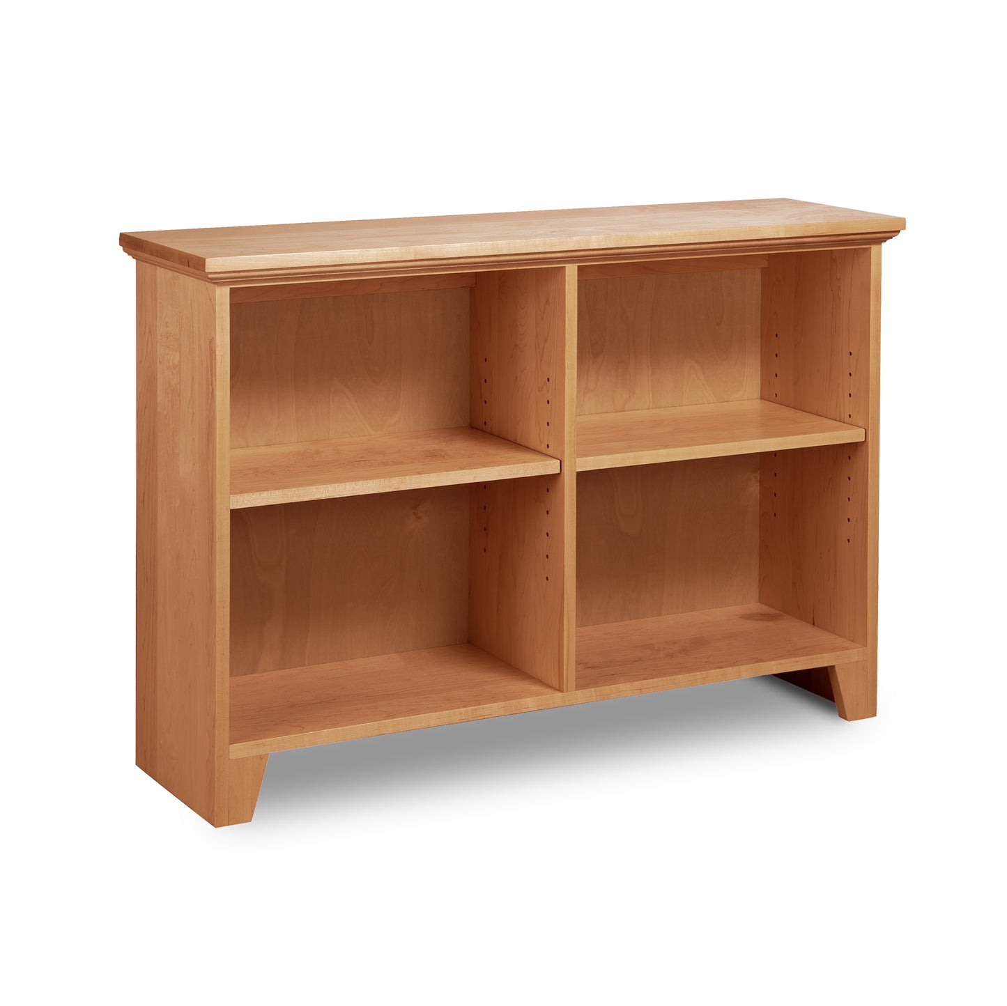 Shaker Wide Bookcase by Lyndon Furniture showcasing American craftsmanship, with four adjustable shelves and a smooth, light brown finish.