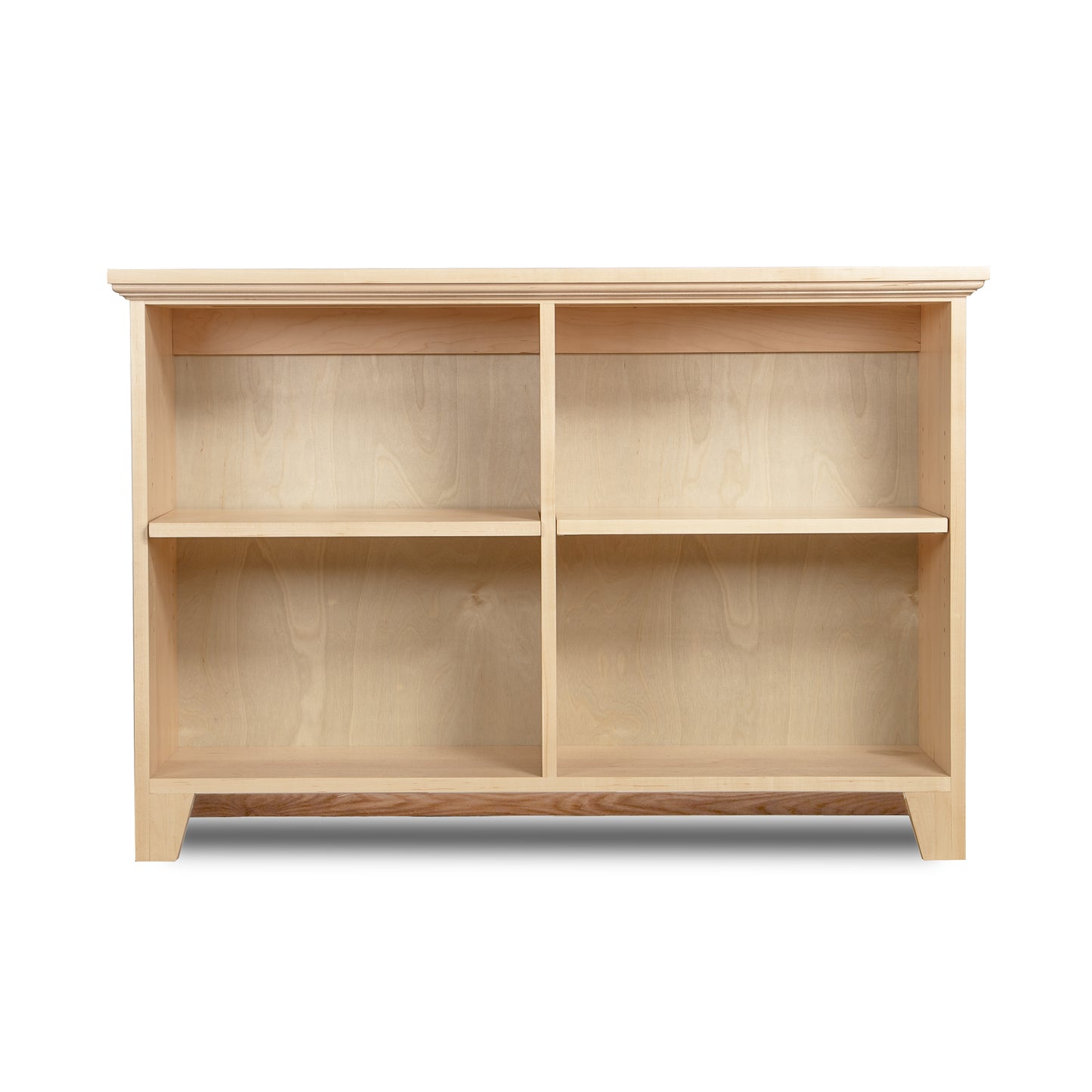 Shaker Wide Bookcase from Lyndon Furniture with four open shelves, showcasing a natural finish and minimalist design.