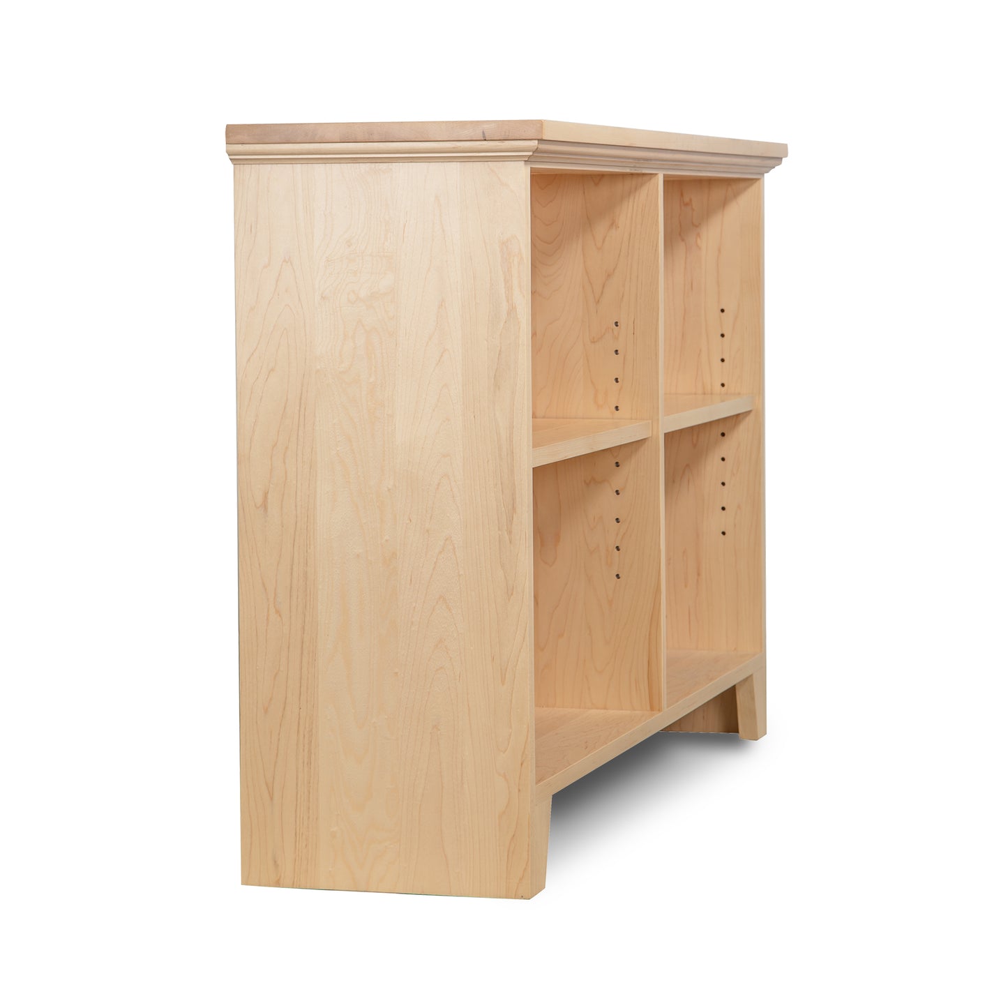 Shaker Wide Bookcase by Lyndon Furniture with top-edge molding, two adjustable shelves, and natural wood grain finish.