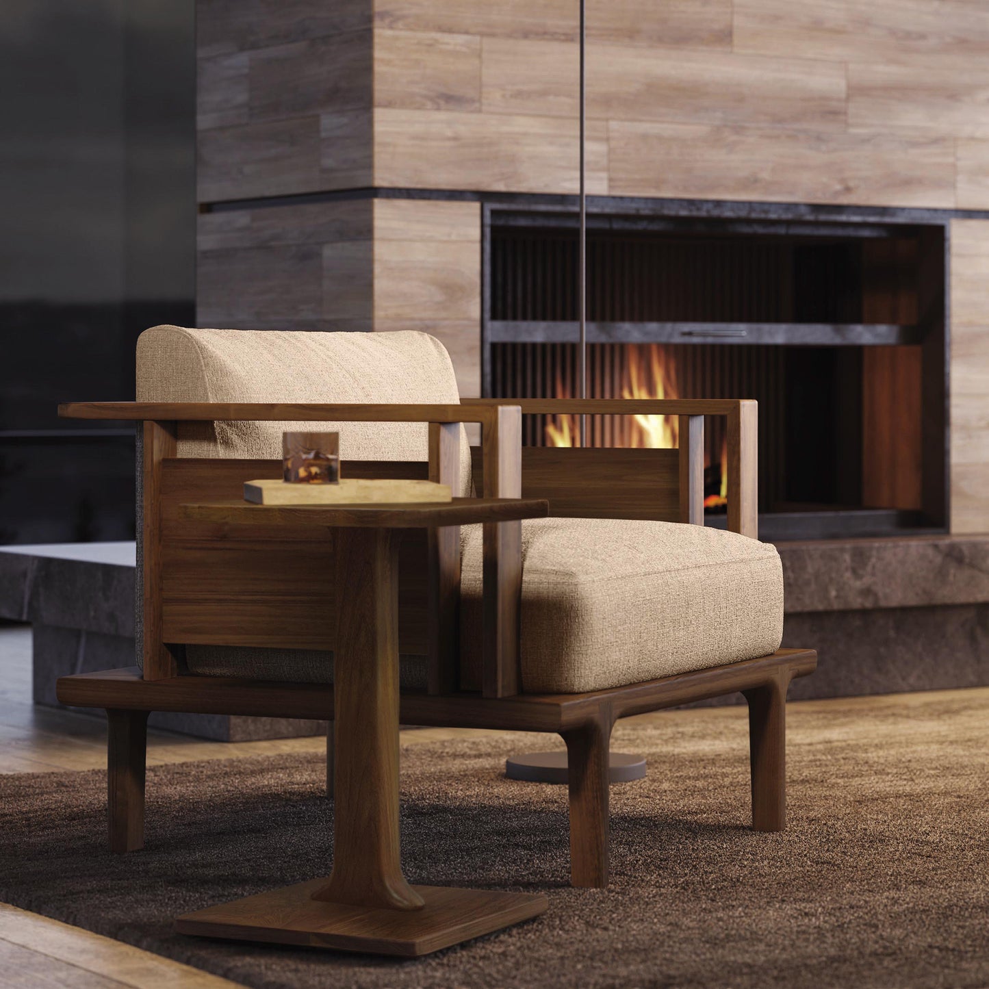 A Sierra Chair Table from Copeland Furniture with a North American hardwood frame and beige upholstery is situated adjacent to a fireplace in a cozy room with wooden walls and flooring.