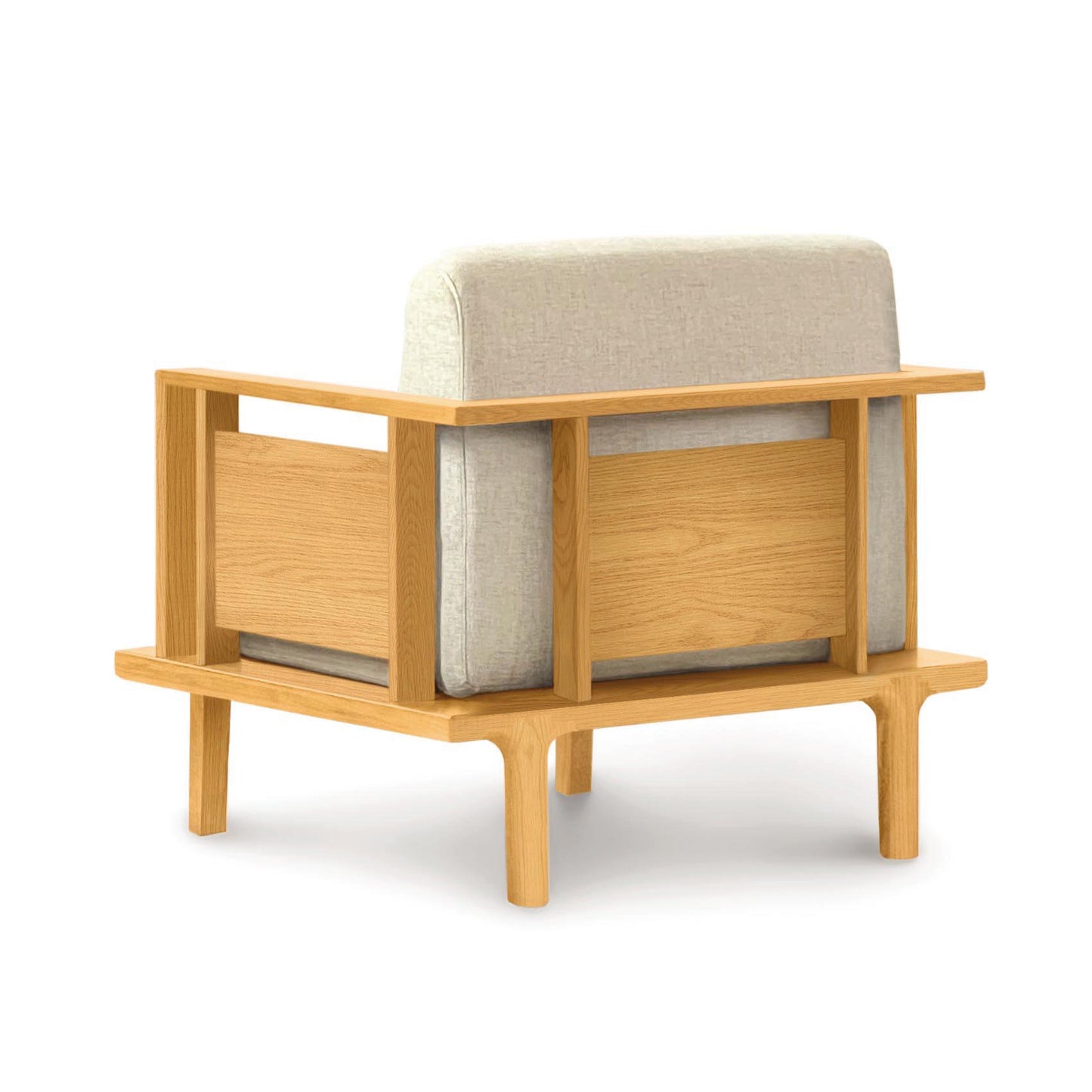 Copeland Furniture Sierra Upholstered Chair, wood frame, light beige cushions, back view.
