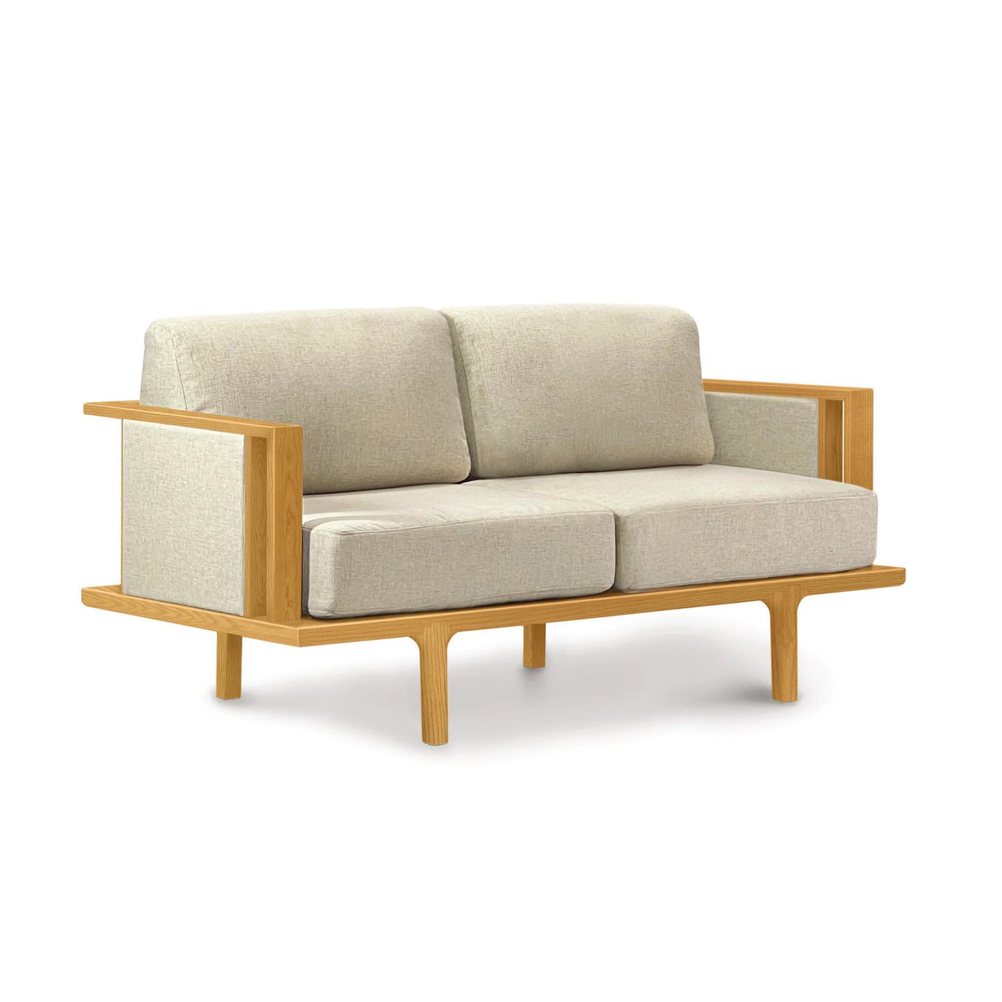 A contemporary design Copeland Furniture Sierra Cherry Upholstered Loveseat with Upholstered Panels with a wooden frame on a white background.