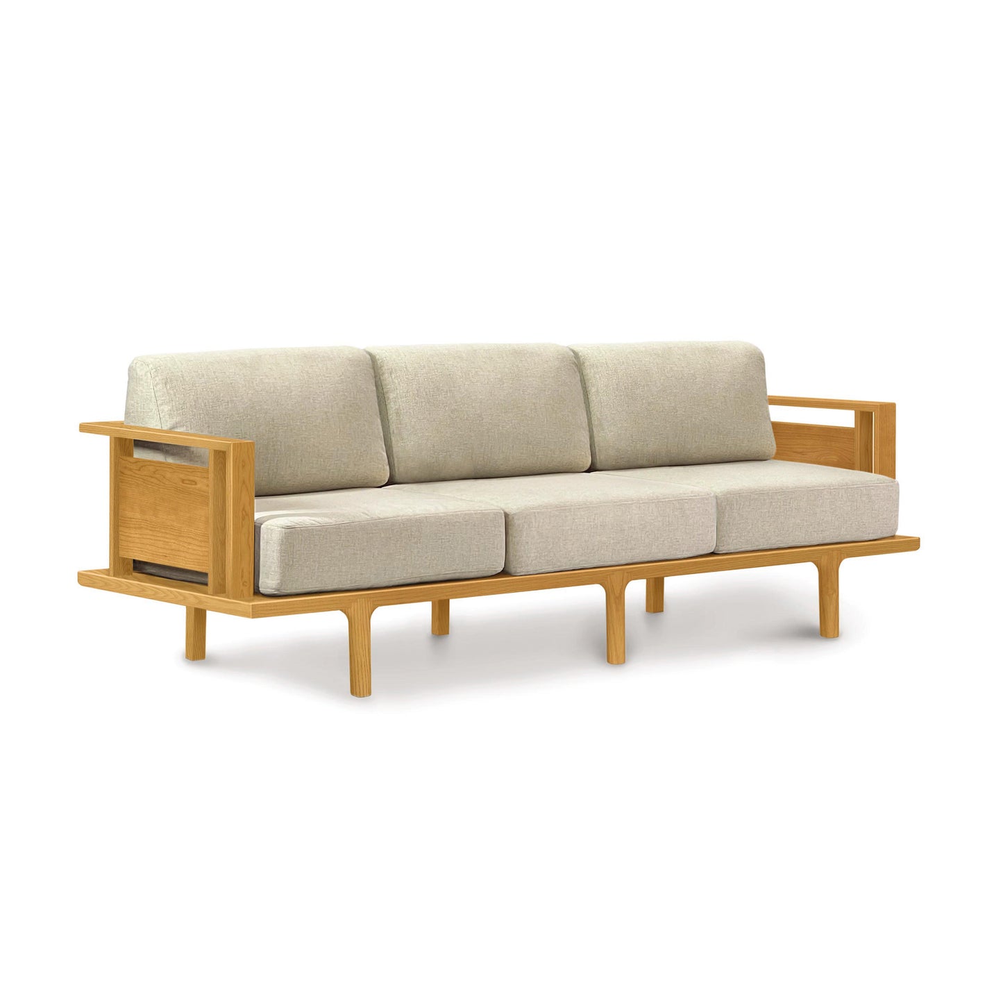 Modern handcrafted Copeland Furniture Sierra Sofa with a light wood frame, three beige cushions, and rectangular armrests.
