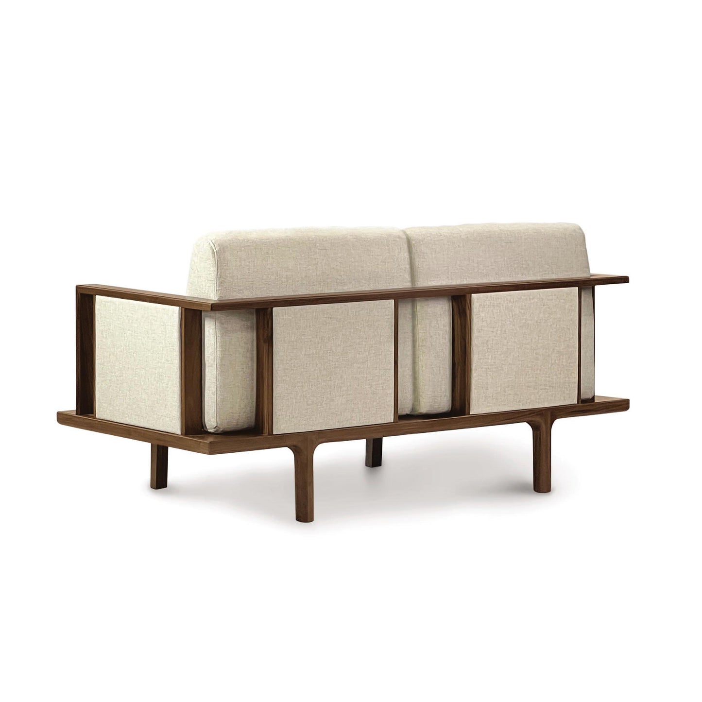 Mid-century modern style three-seater sofa with wooden frame and custom upholstery, like the Sierra Walnut Upholstered Loveseat with Upholstered Panels from Copeland Furniture.