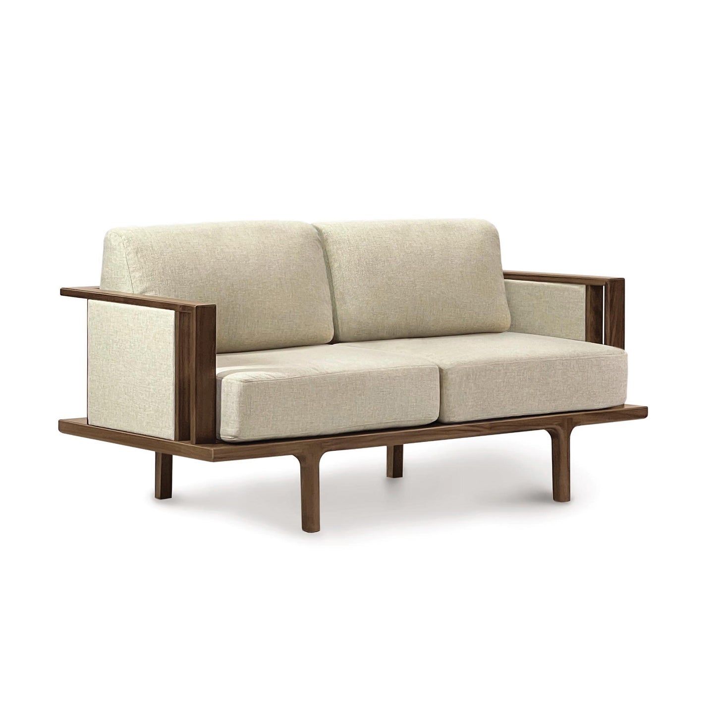 Sierra Upholstered Loveseat by Copeland Furniture, featuring modern beige cushions and a sleek wooden frame in contemporary design.
