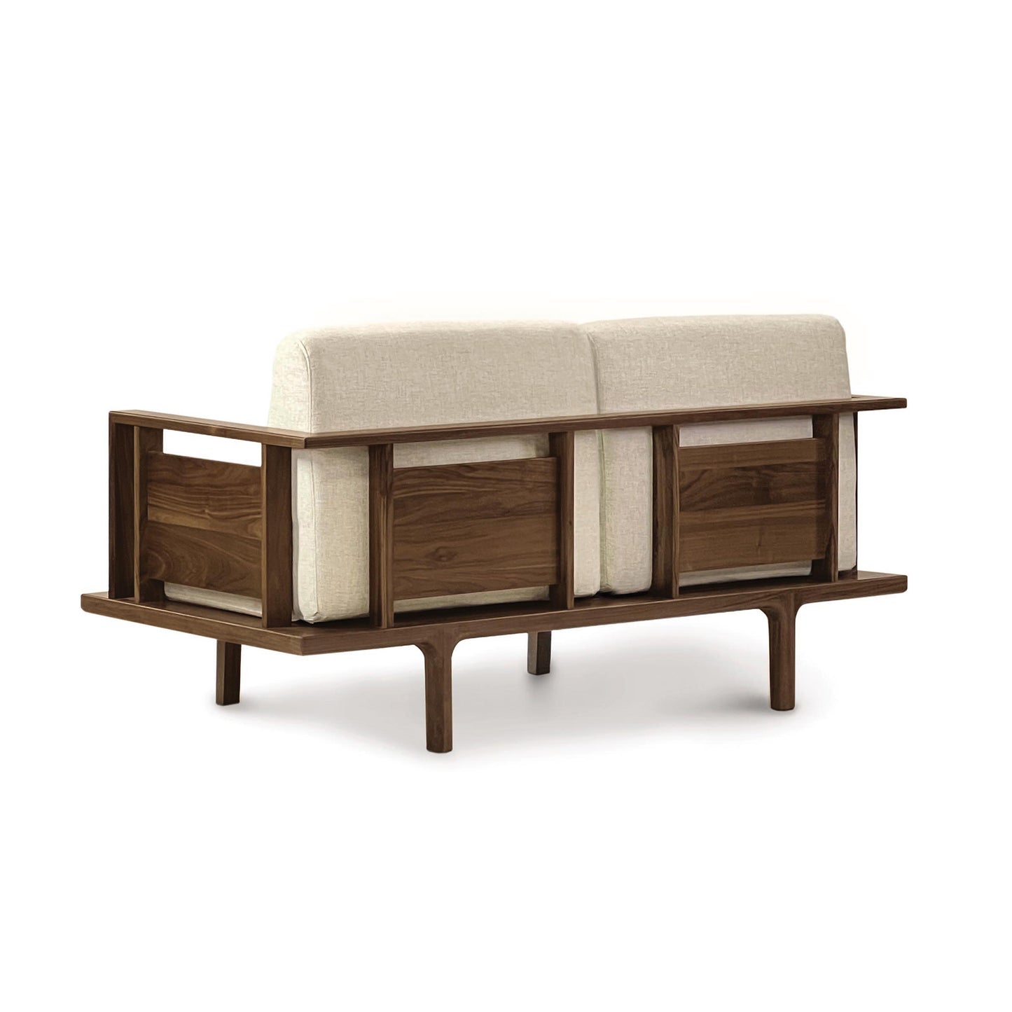 Copeland Furniture Sierra Walnut Upholstered Loveseat with off-white cushions and side storage compartments, featuring a contemporary design.