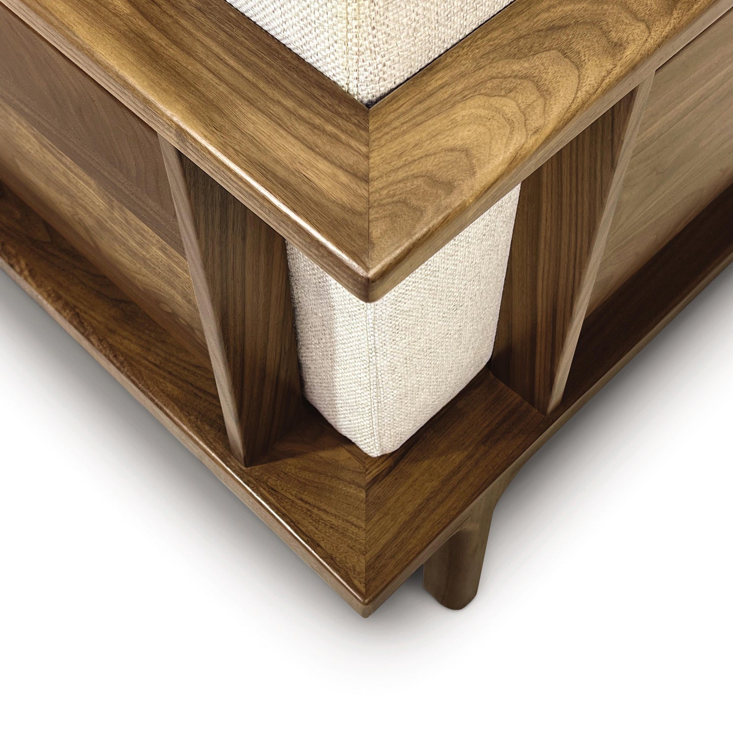 Sierra Upholstered Loveseat by Copeland Furniture, showcasing a sleek cherry hardwood frame with light fabric inset.