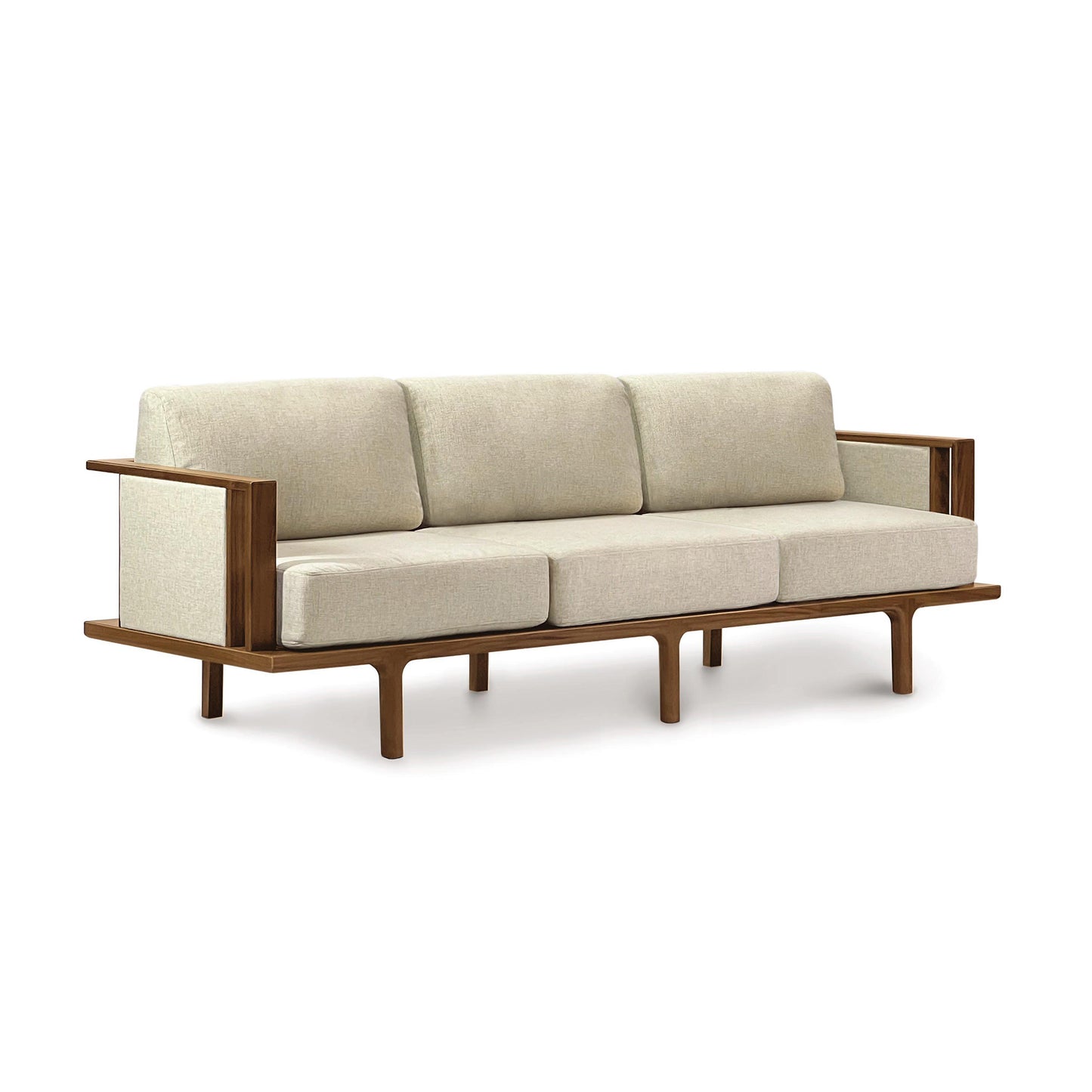 Copeland Furniture Sierra Upholstered Sofa; modern armless design with beige cushions and wooden frame, offering plush three-seat comfort.