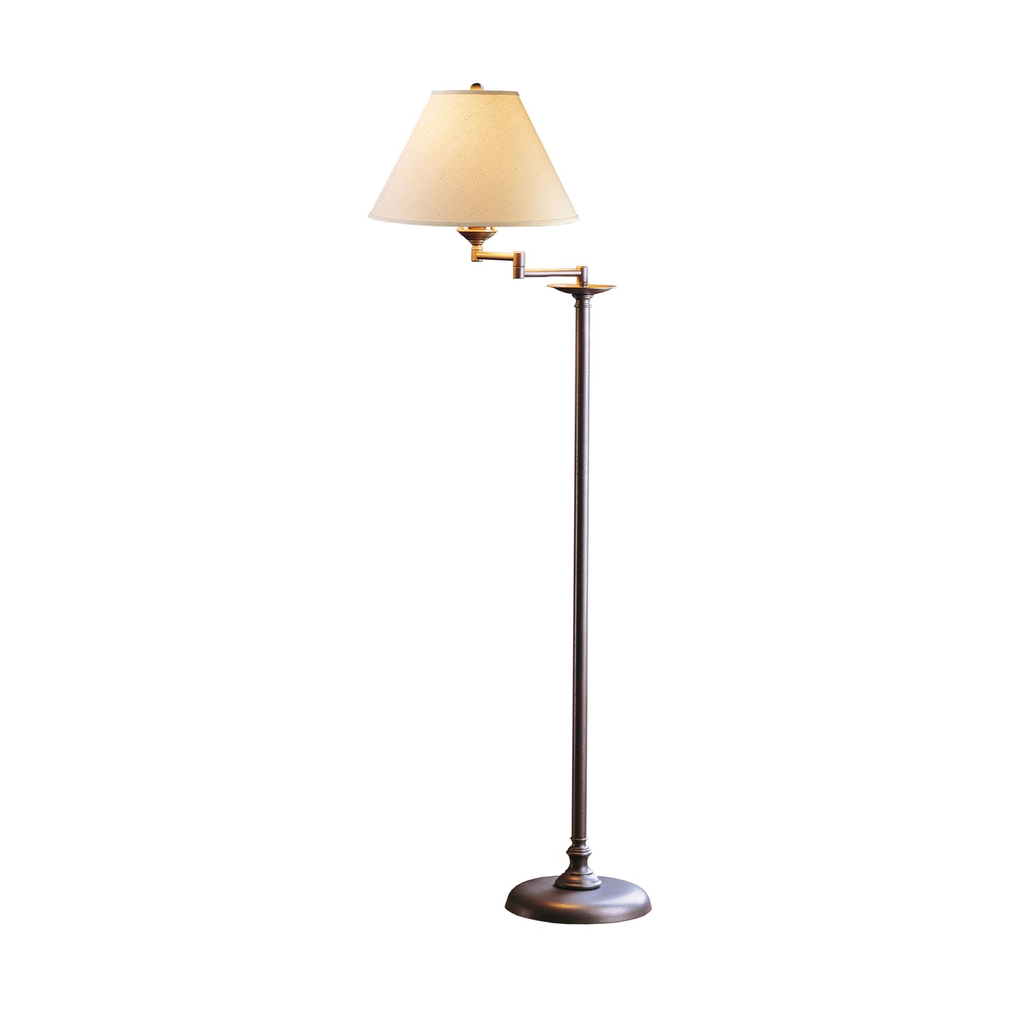 A Simple Lines Swing Arm Floor Lamp with a beige shade on a white background becomes:
A Hubbardton Forge Simple Lines with Swing Arm Floor Lamp with a beige shade on a white background.