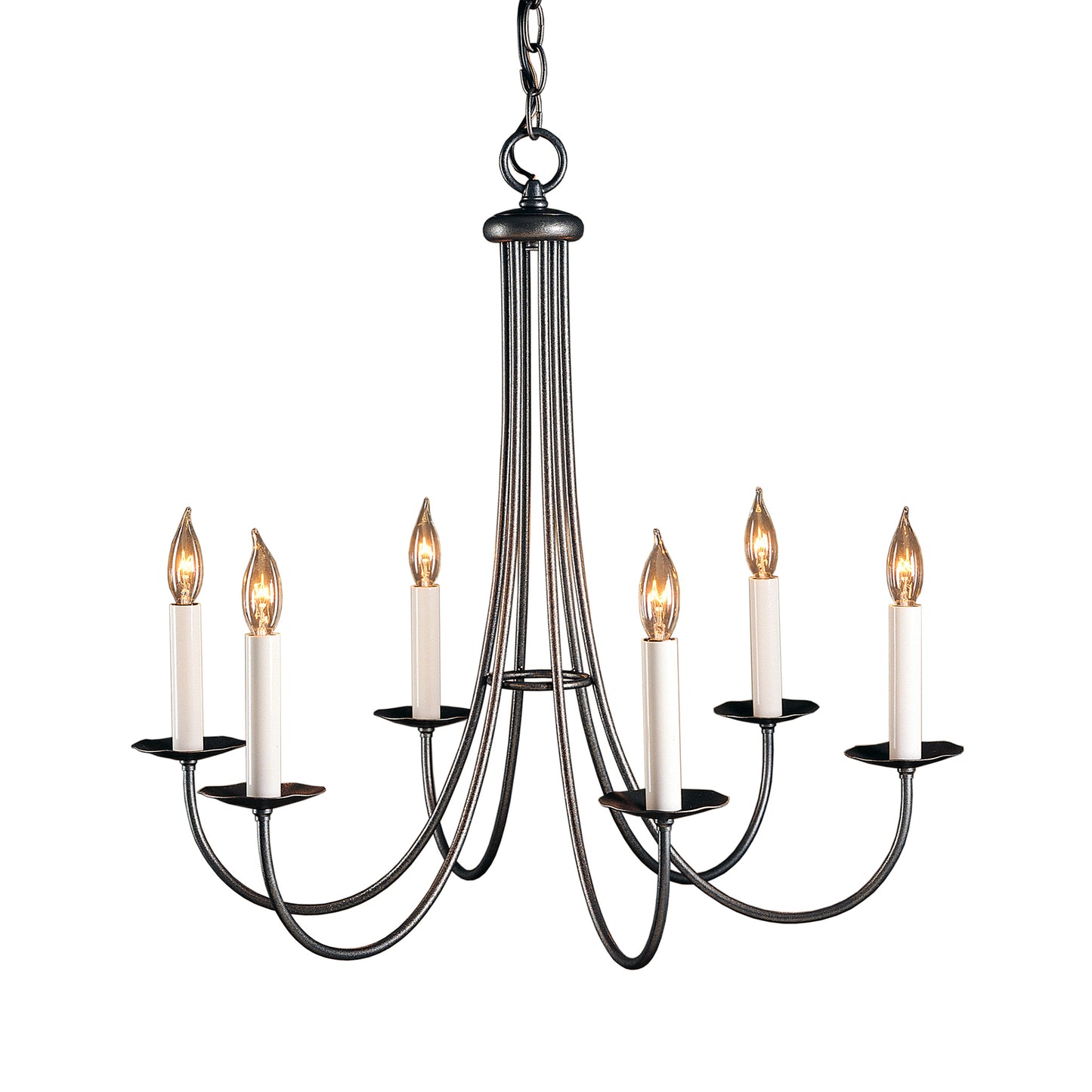 Simple Sweep 6-Arm Chandelier with black metal frame, candle-shaped bulbs, and elegant curved holders by Hubbardton Forge.