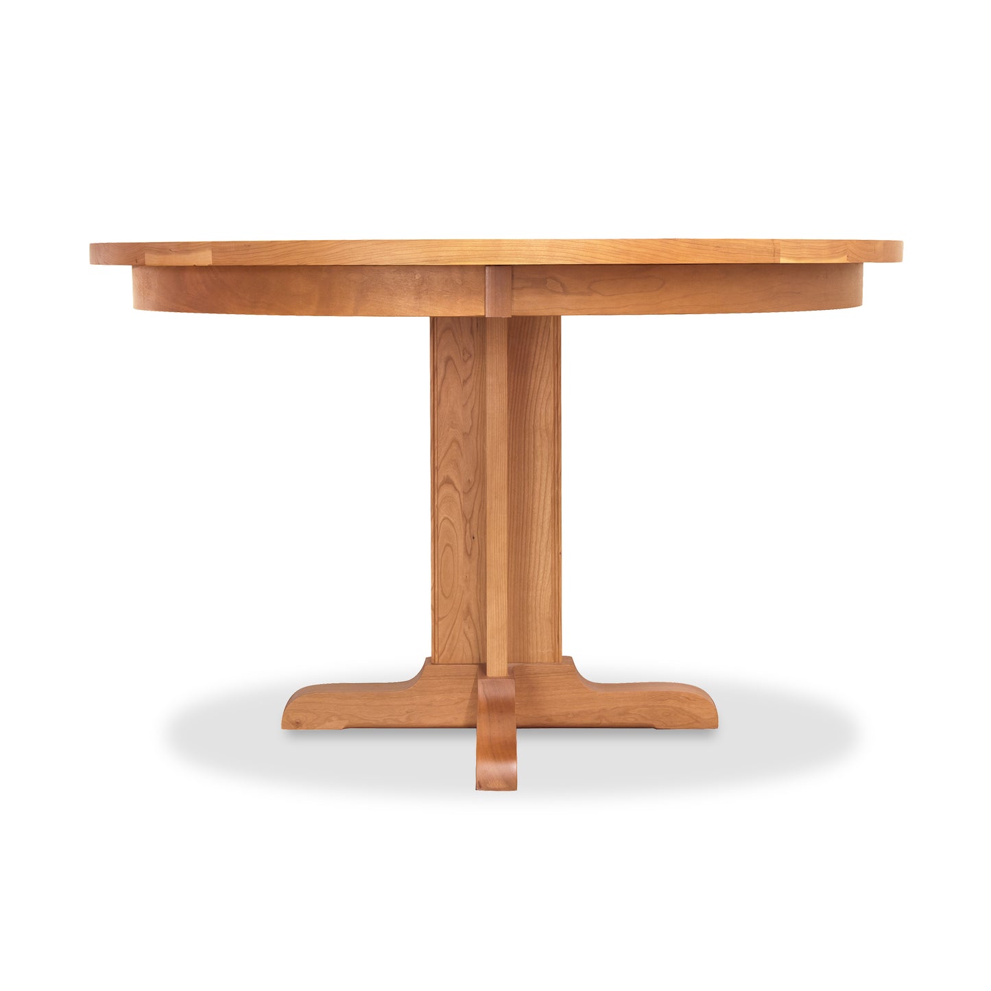 A sturdy Single - Leg Round Pedestal Table with a wooden pedestal base made by Lyndon Furniture.