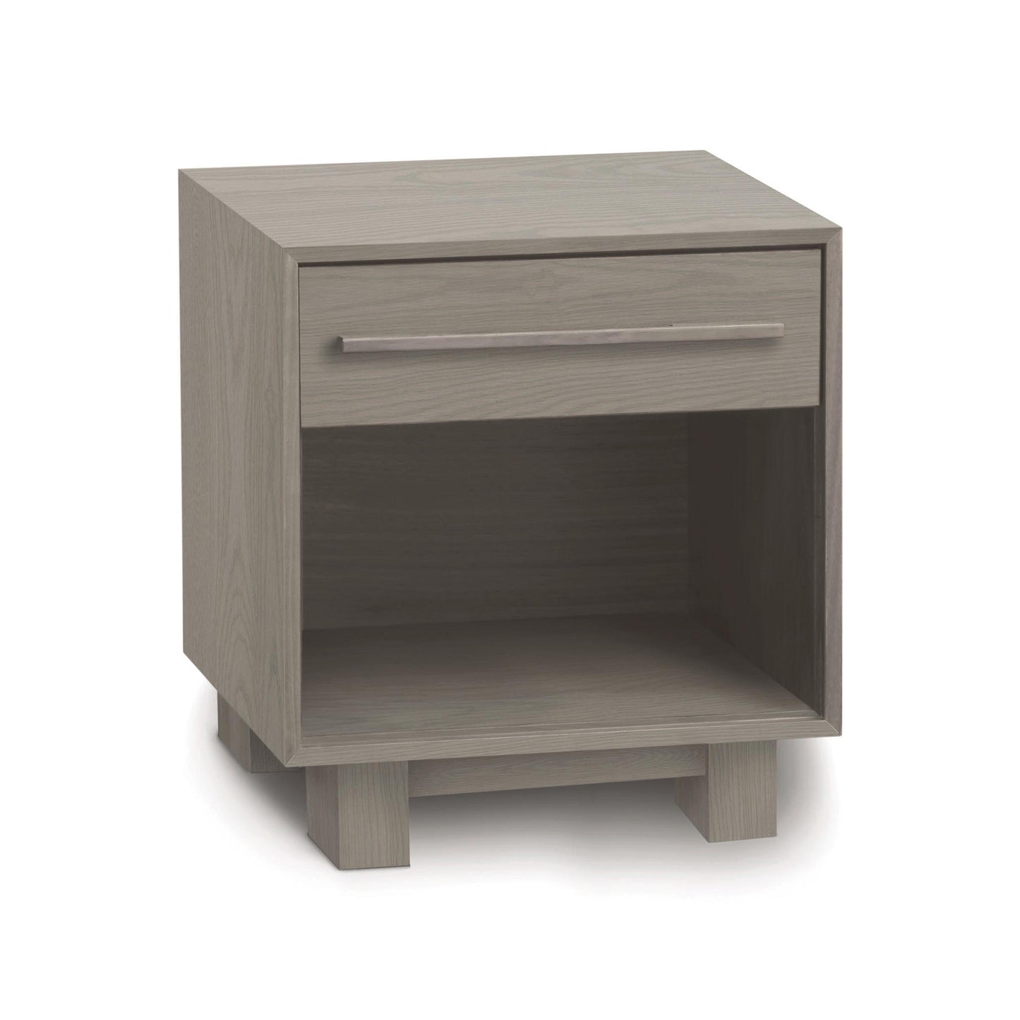 A modern, mid-century modern style Copeland Furniture Sloane 1-Drawer Nightstand in gray wood with one drawer and an open shelf, isolated on a white background.
