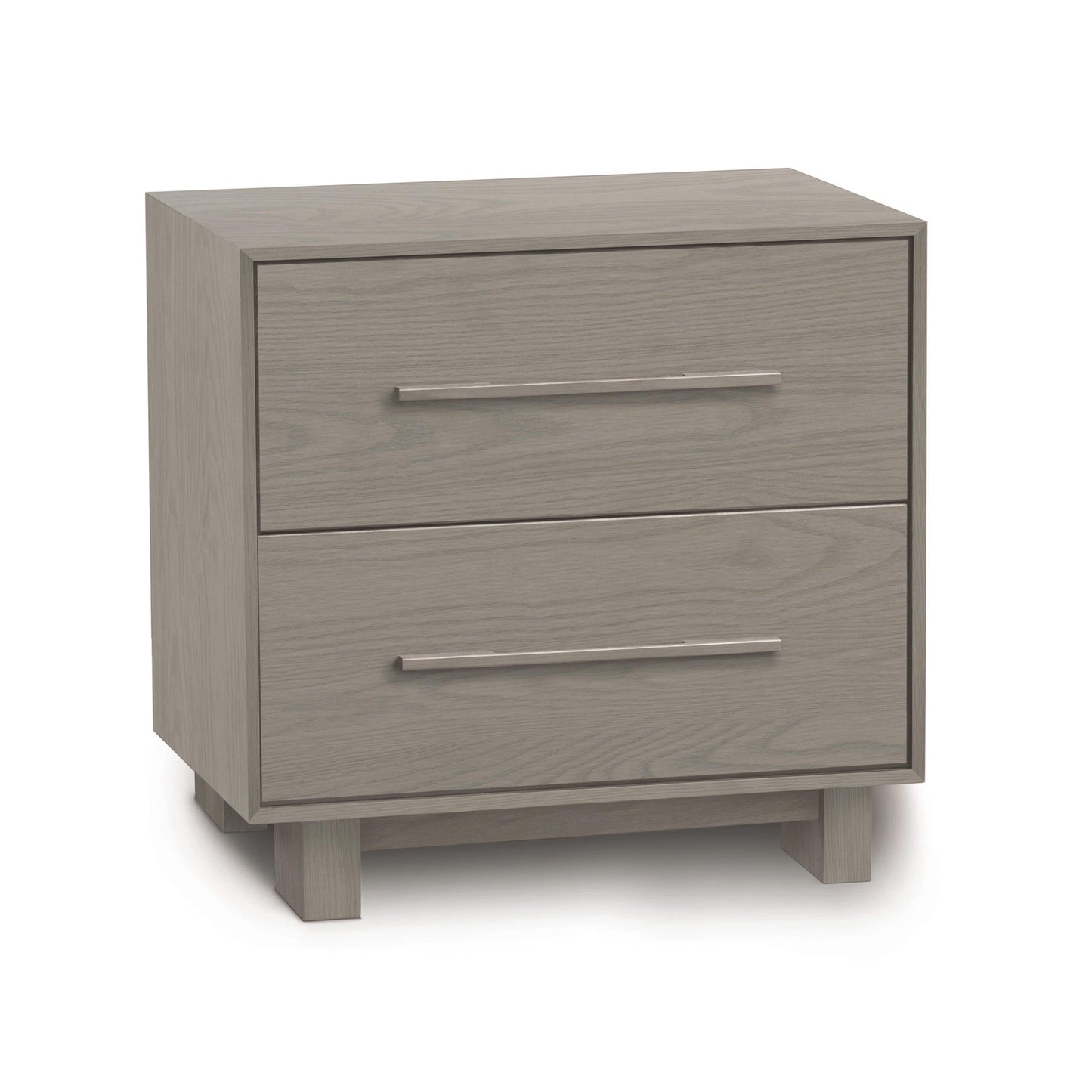 Sloane 2-Drawer Nightstand by Copeland Furniture featuring a mid-century modern design with a light gray finish and sleek silver handles on a sturdy wooden frame.