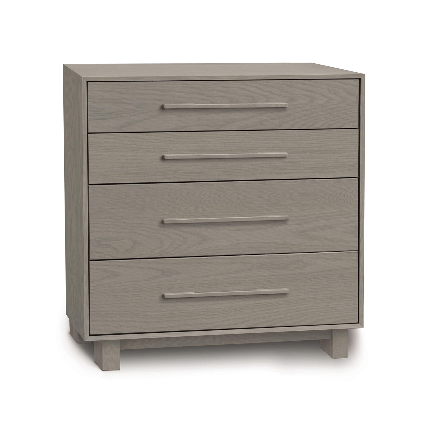 Sloane 4-Drawer Chest by Copeland Furniture showcasing natural American hardwood in a light gray finish with silver handles.