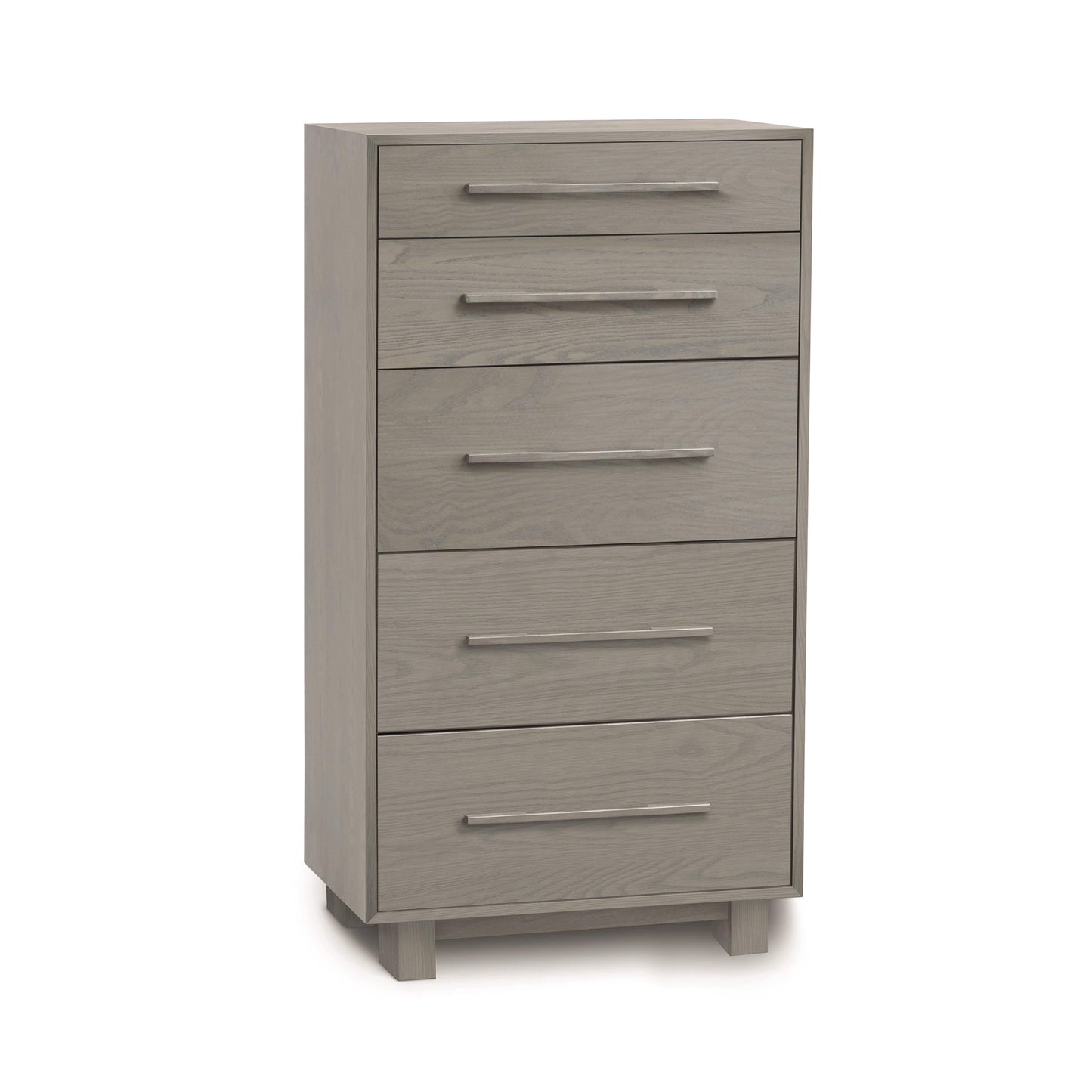 Sloane 5-Drawer Narrow Chest by Copeland Furniture, tall and gray with metal handles, minimalist design, sleek legs.