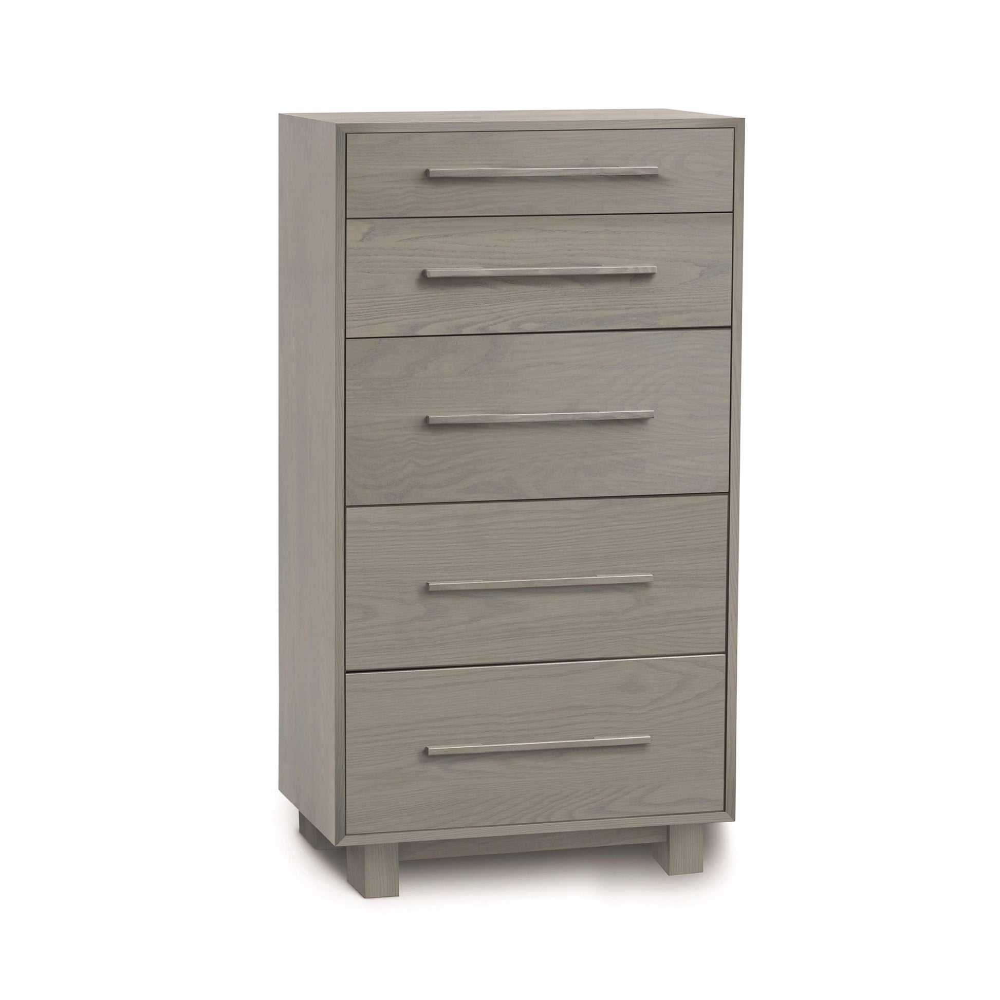 Sloane 5-Drawer Narrow Chest by Copeland Furniture, tall and gray with metal handles, minimalist design, sleek legs.