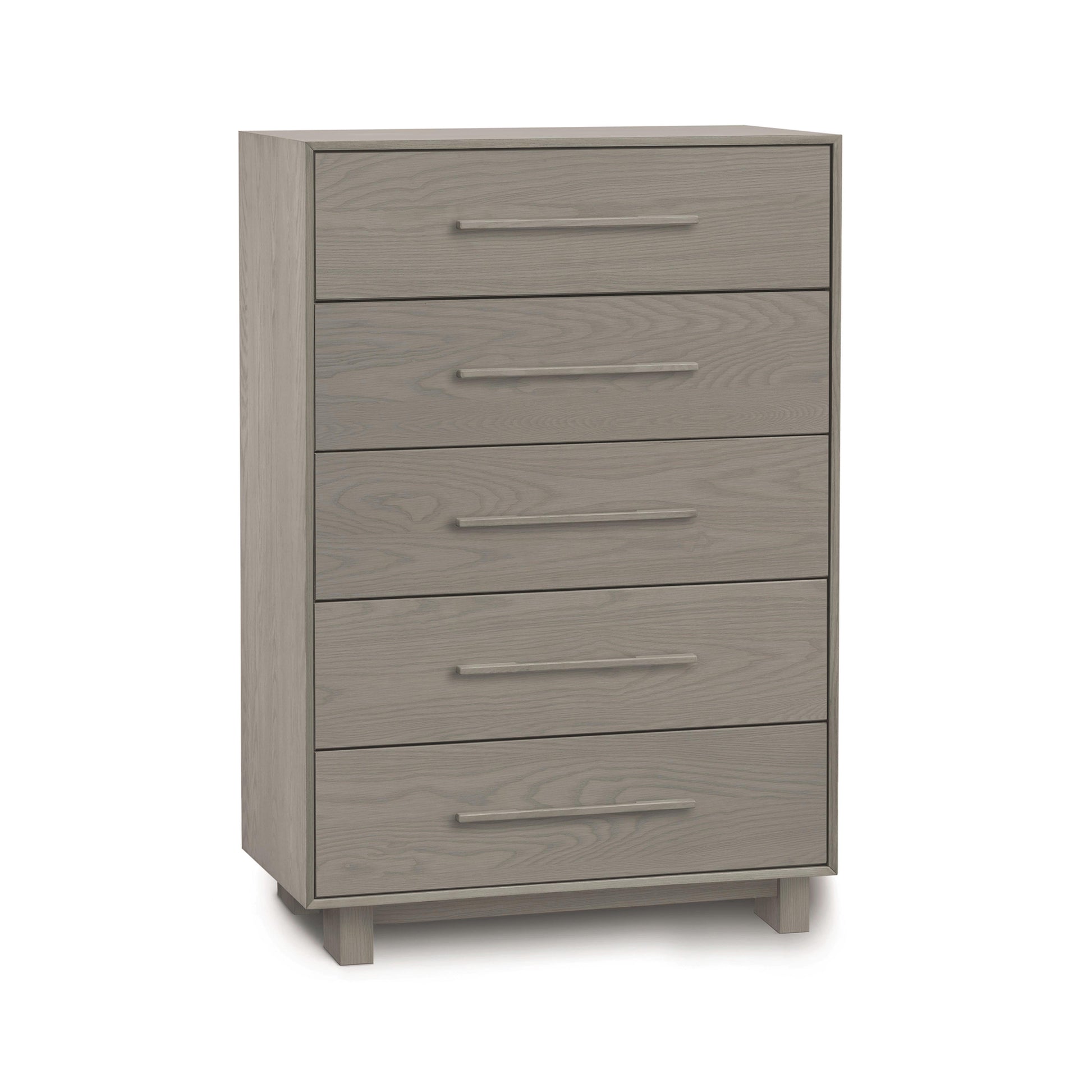 Sloane 5-Drawer Wide Chest by Copeland Furniture in light gray hardwood with sleek metal handles, perfect for modern bedrooms.