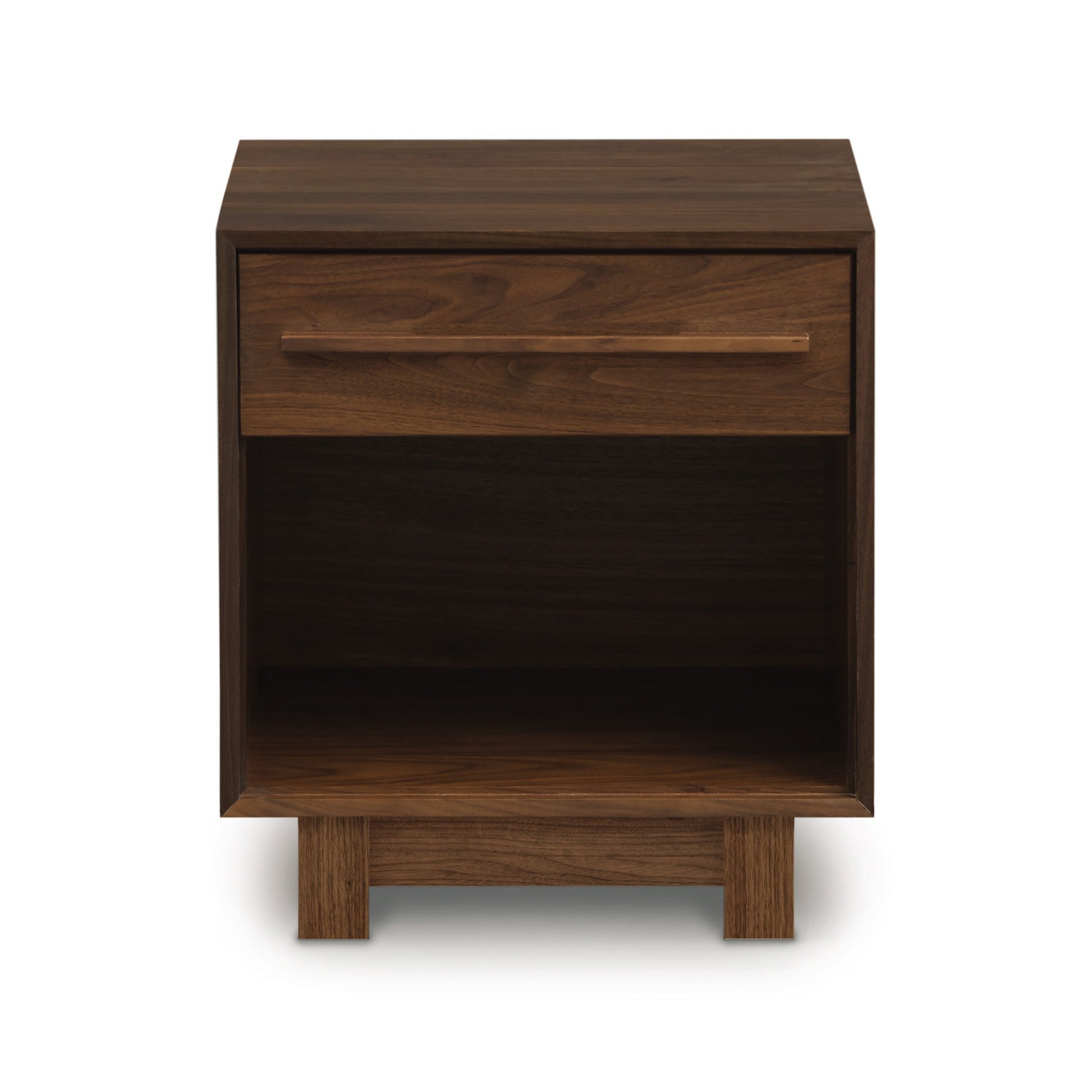 Sloane 1-Drawer Nightstand in hardwood featuring a drawer, open shelf, and sturdy block legs by Copeland Furniture.
